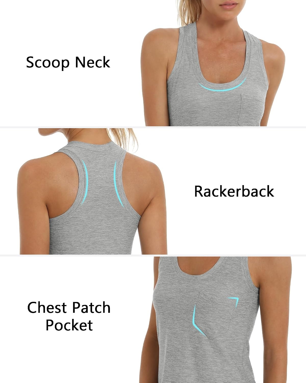 Stelle Workout Tank Tops for Women, Athletic Scoop Neck Racerback Shirt with Chest Pocket, Yoga Gym Running Summer Top(Light Heather Grey)