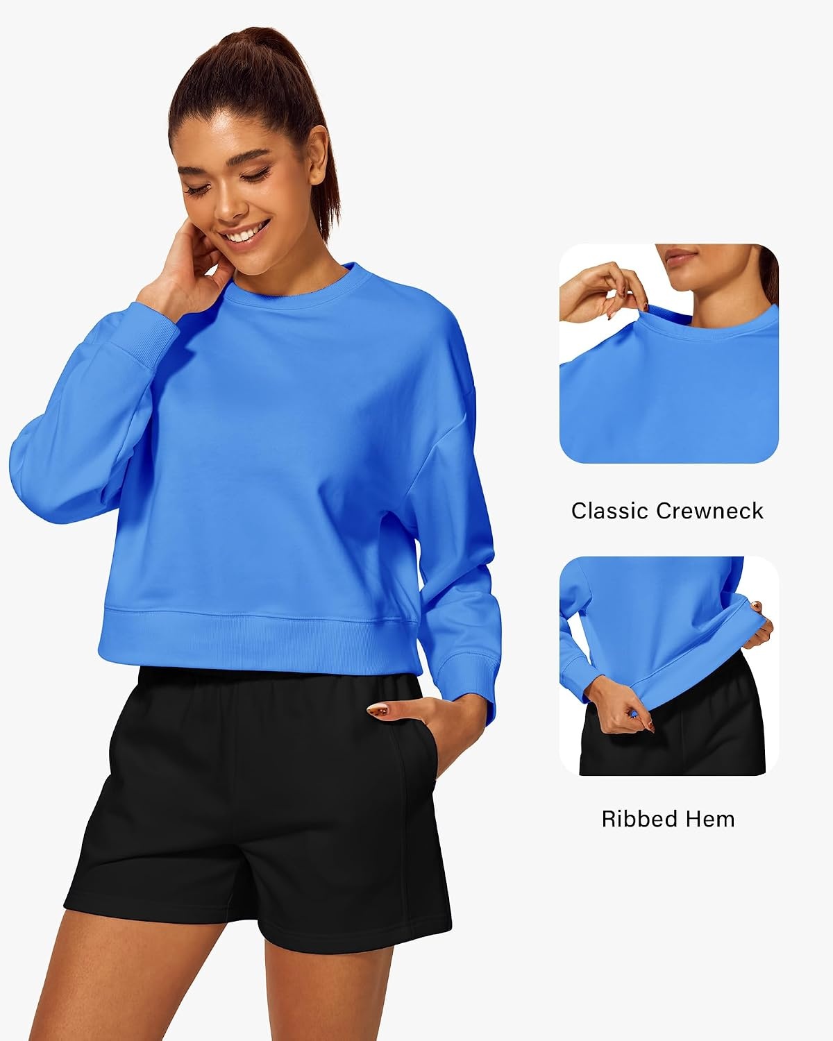 Stelle Women’s Cropped Crewneck Sweatshirt Relaxed Fit Casual Everyday | Soft lining, Ribbed cuffs, Lightweight warmth, Layering essential, Lounge, Travel, Streetwear(Vibrant Blue)