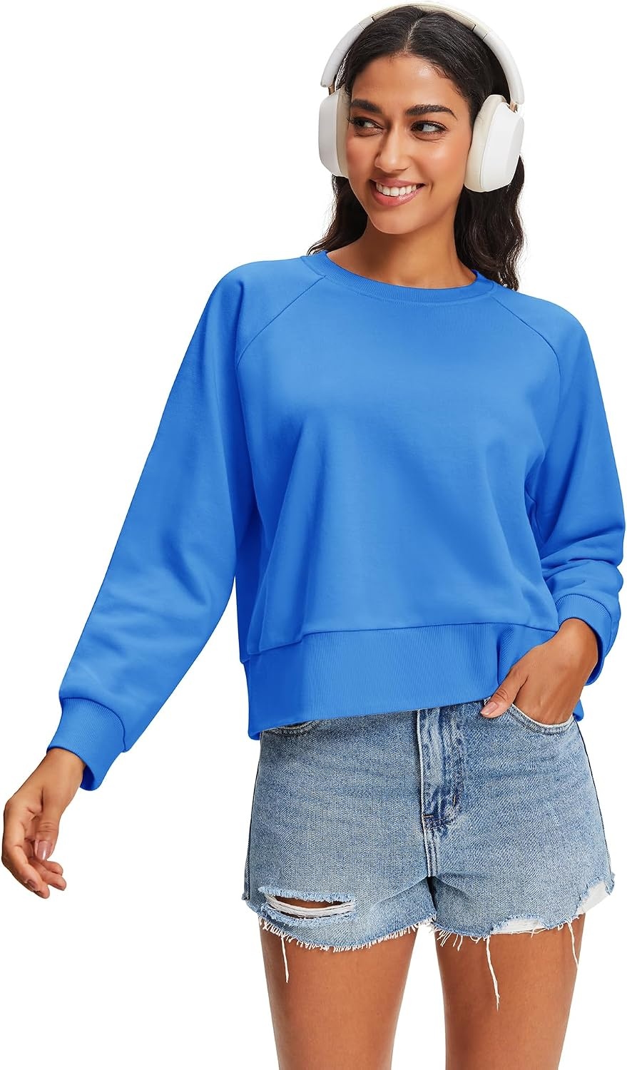 Stelle Women’s Raglan Crewneck Sweatshirt Relaxed Fit Casual Everyday(Vibrant Blue)