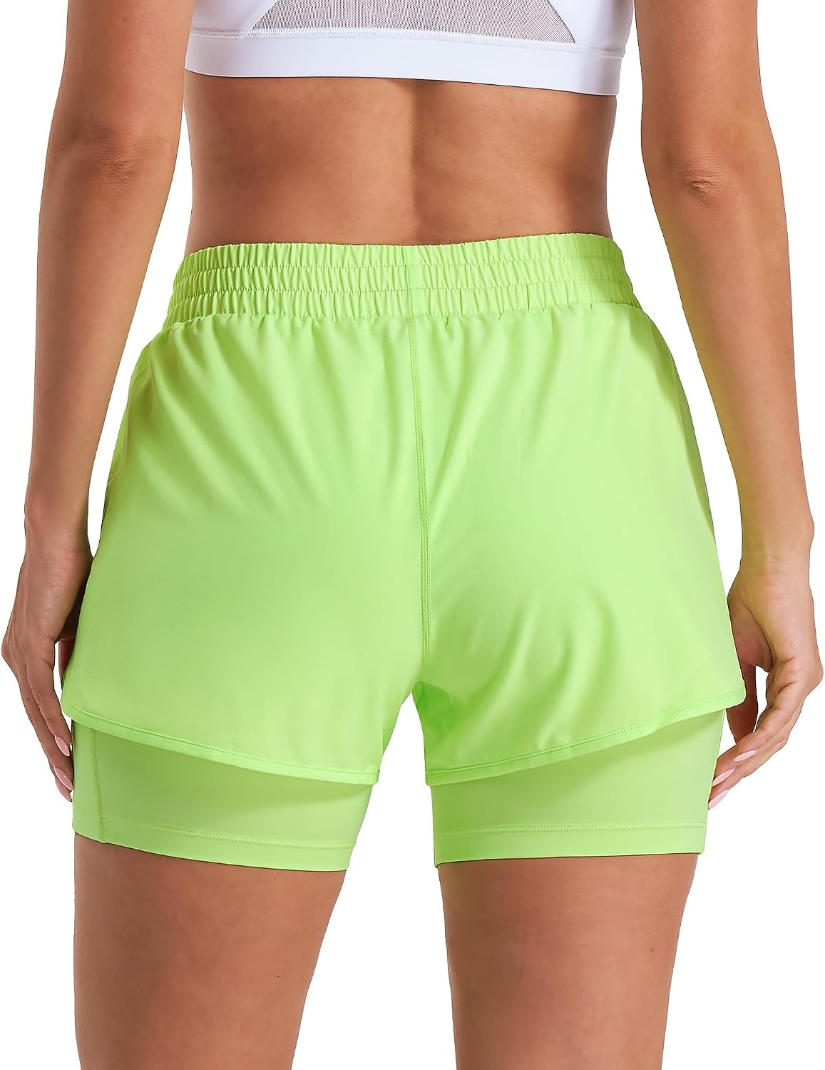 Stelle Women 2 in 1 Running Shorts High Waisted Athletic Shorts Gym Workout Shorts with Liner Zipper Pockets(Neon Yellow)