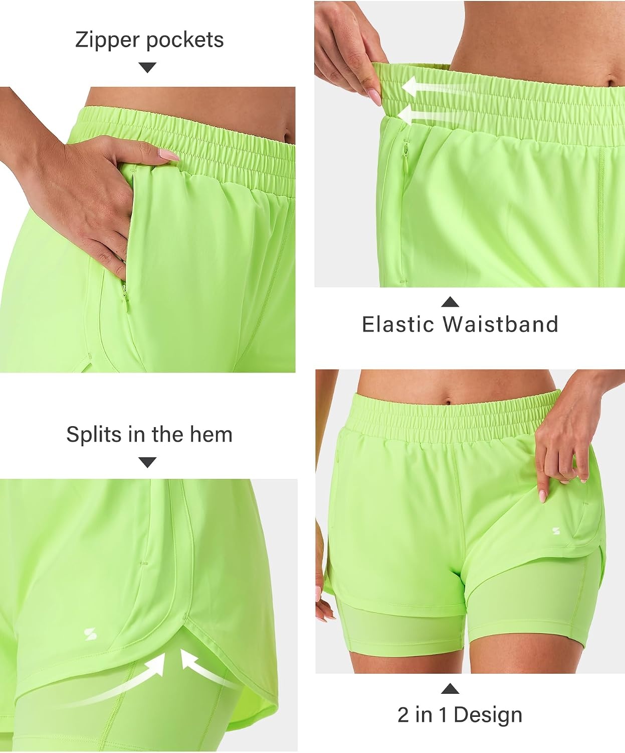 Stelle Women 2 in 1 Running Shorts High Waisted Athletic Shorts Gym Workout Shorts with Liner Zipper Pockets(Neon Yellow)
