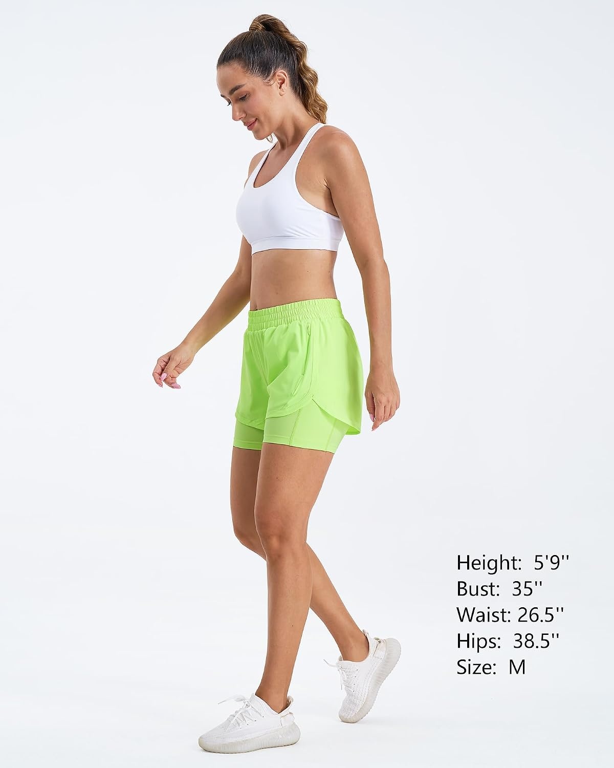 Stelle Women 2 in 1 Running Shorts High Waisted Athletic Shorts Gym Workout Shorts with Liner Zipper Pockets(Neon Yellow)