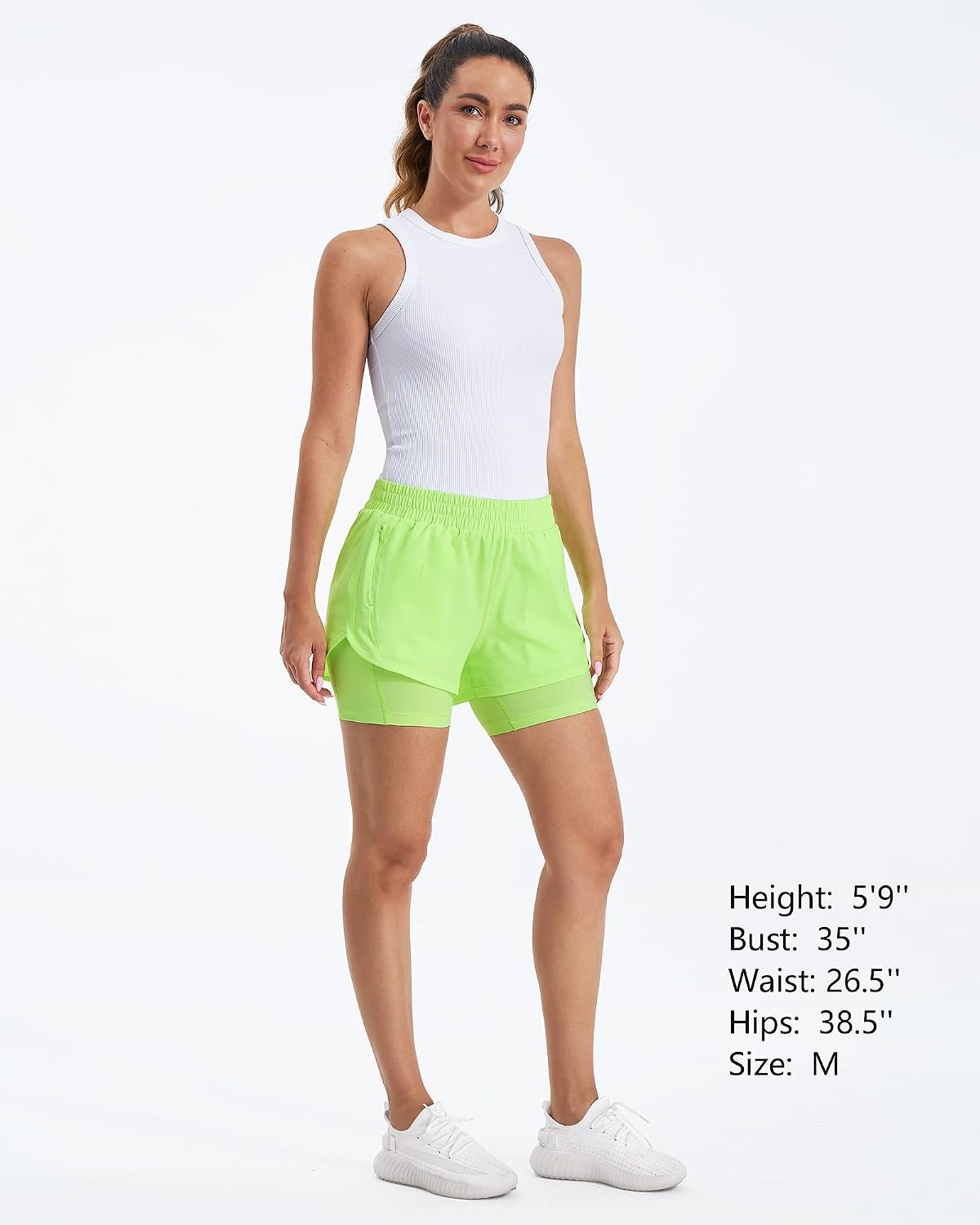 Stelle Women 2 in 1 Running Shorts High Waisted Athletic Shorts Gym Workout Shorts with Liner Zipper Pockets(Neon Yellow)