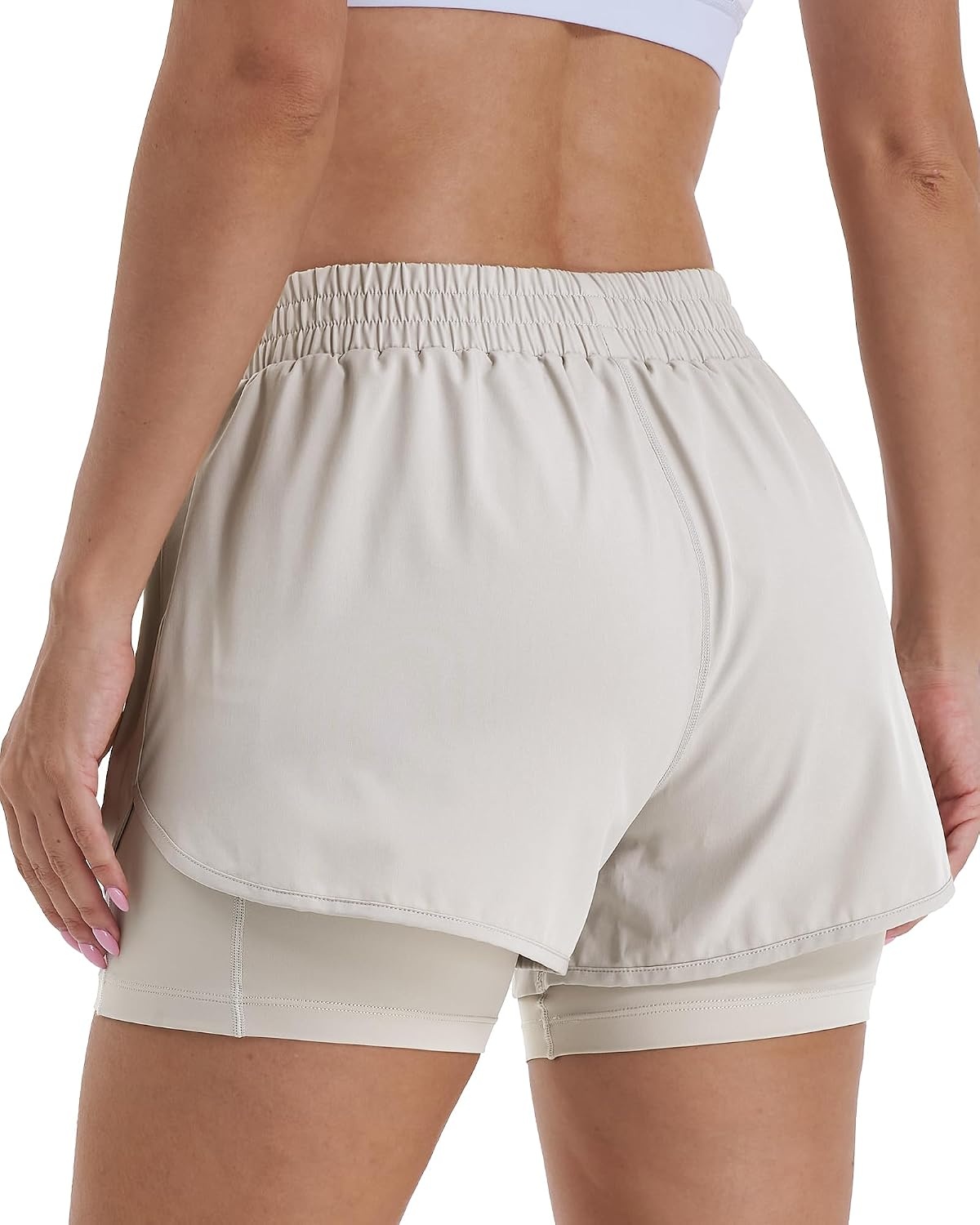 Stelle Women 2 in 1 Running Shorts High Waisted Athletic Shorts Gym Workout Shorts with Liner Zipper Pockets(Sandy Grey)