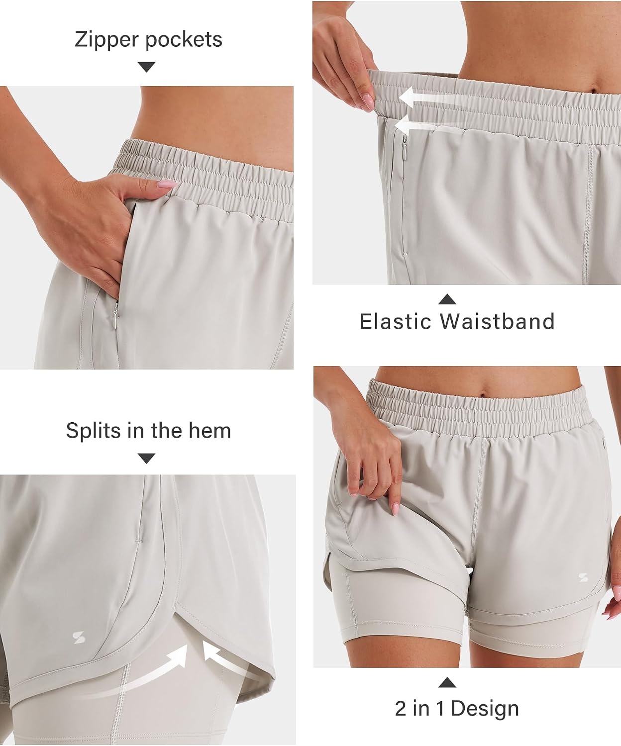 Stelle Women 2 in 1 Running Shorts High Waisted Athletic Shorts Gym Workout Shorts with Liner Zipper Pockets(Sandy Grey)