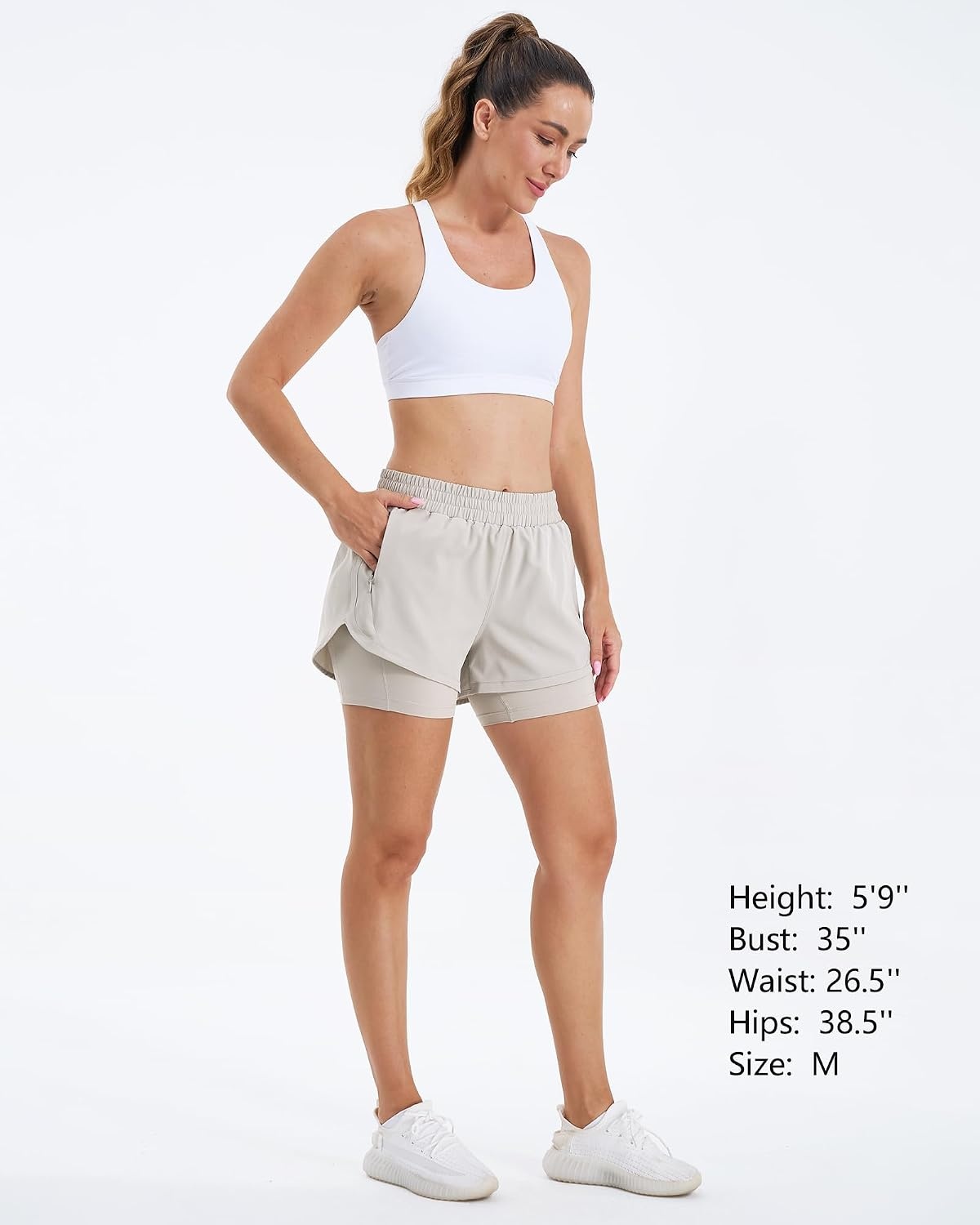 Stelle Women 2 in 1 Running Shorts High Waisted Athletic Shorts Gym Workout Shorts with Liner Zipper Pockets(Sandy Grey)
