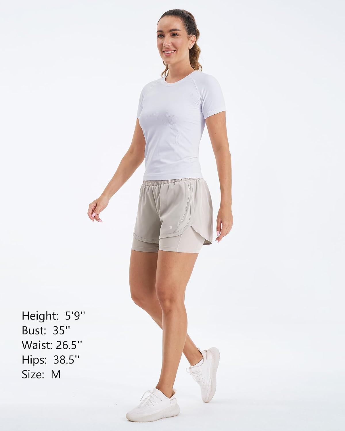 Stelle Women 2 in 1 Running Shorts High Waisted Athletic Shorts Gym Workout Shorts with Liner Zipper Pockets(Sandy Grey)
