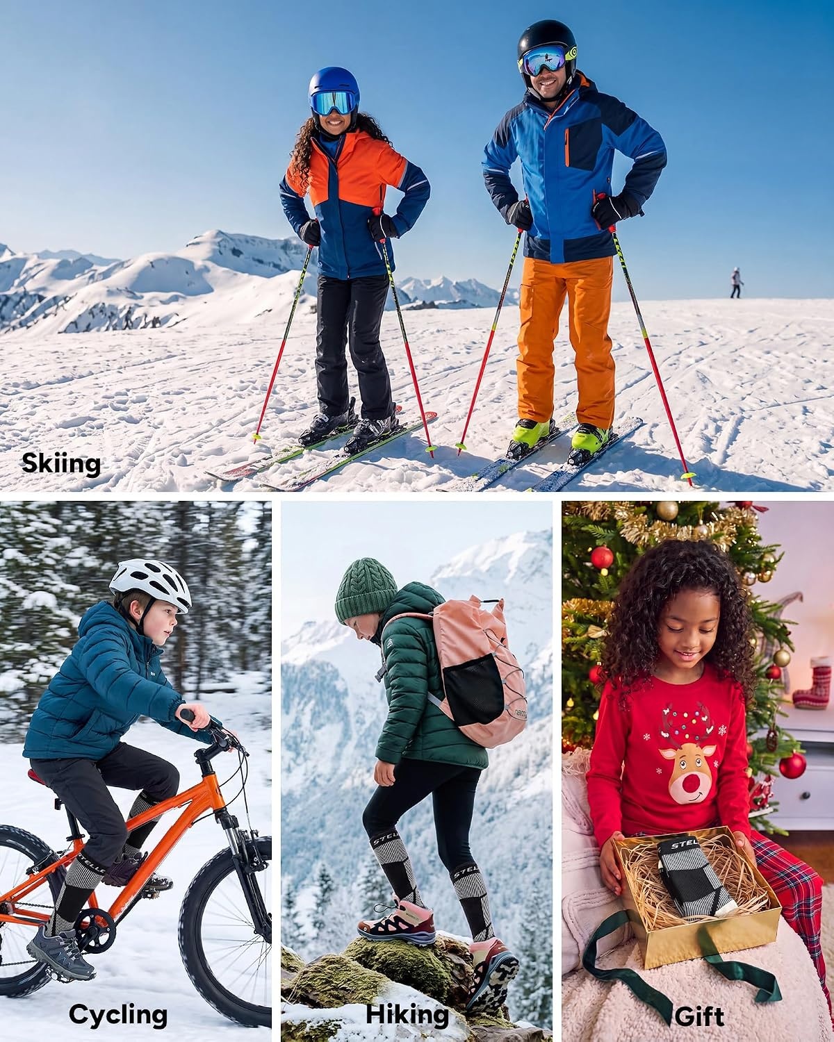 Stelle Wool Ski Socks for Kids Men Women, Winter Warm Knee High Socks(3 Black)