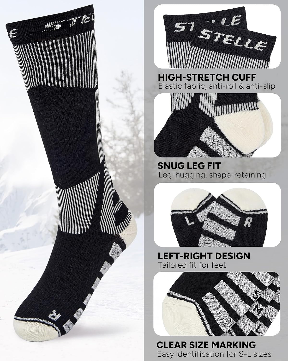 Stelle Wool Ski Socks for Kids Men Women, Winter Warm Knee High Socks(3 Black)