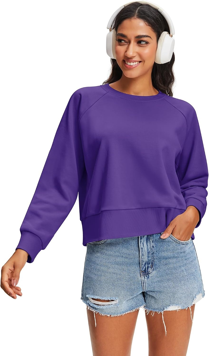 Stelle Women’s Raglan Crewneck Sweatshirt Relaxed Fit Casual Everyday(Purple)