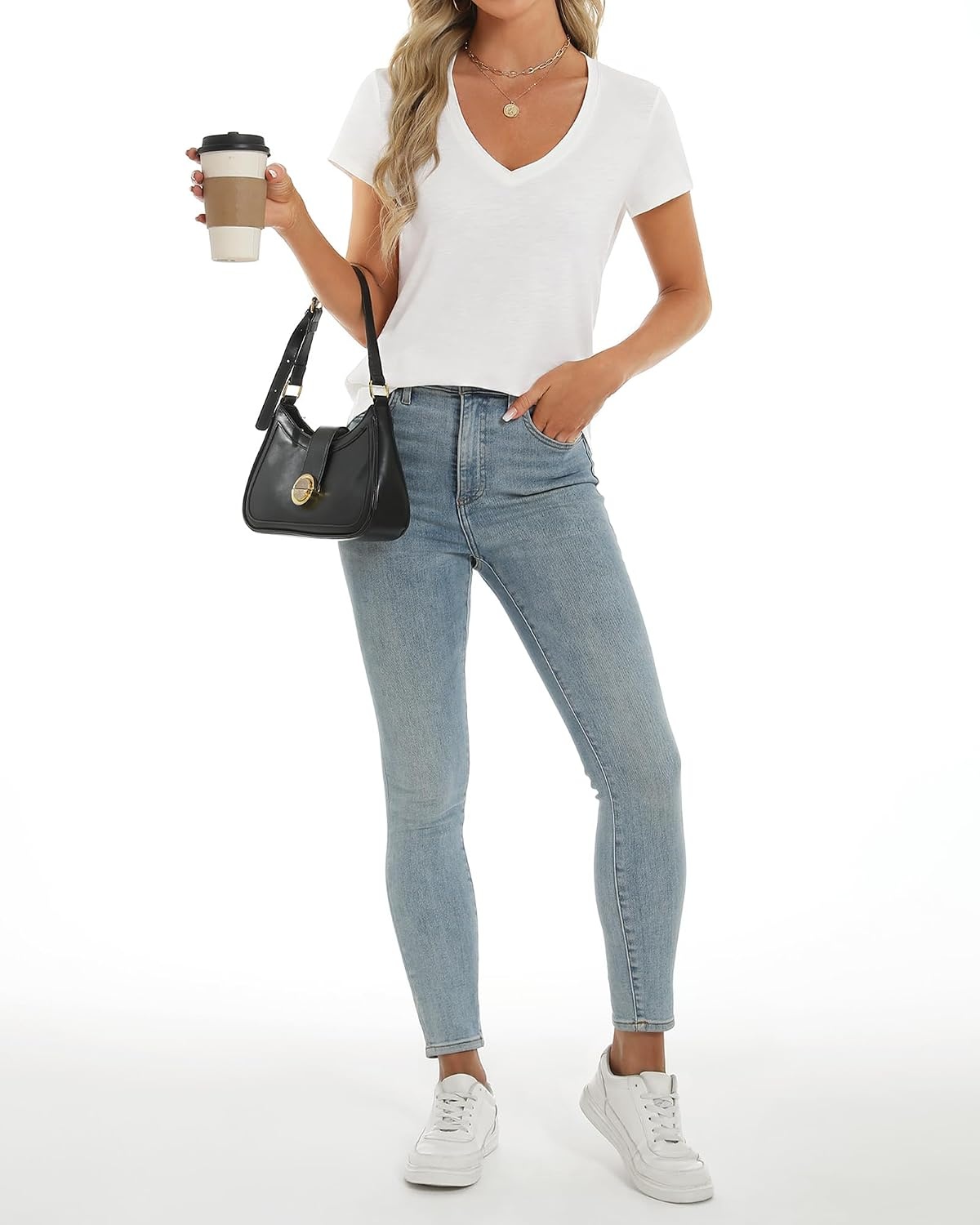 Stelle Womens Modal Soft T Shirts Short Sleeve V Neck Basic Tee Casual Loose Fit Tops Lightweight Soft Summer Outfits Clothes(Off-white)