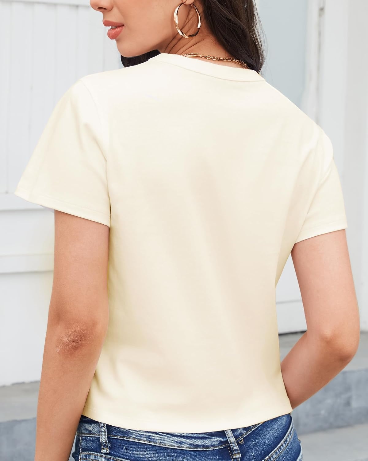 Stelle Women Cotton T Shirts Short Sleeve Basic Tees Casual Boxy Crop Tops(Creme)