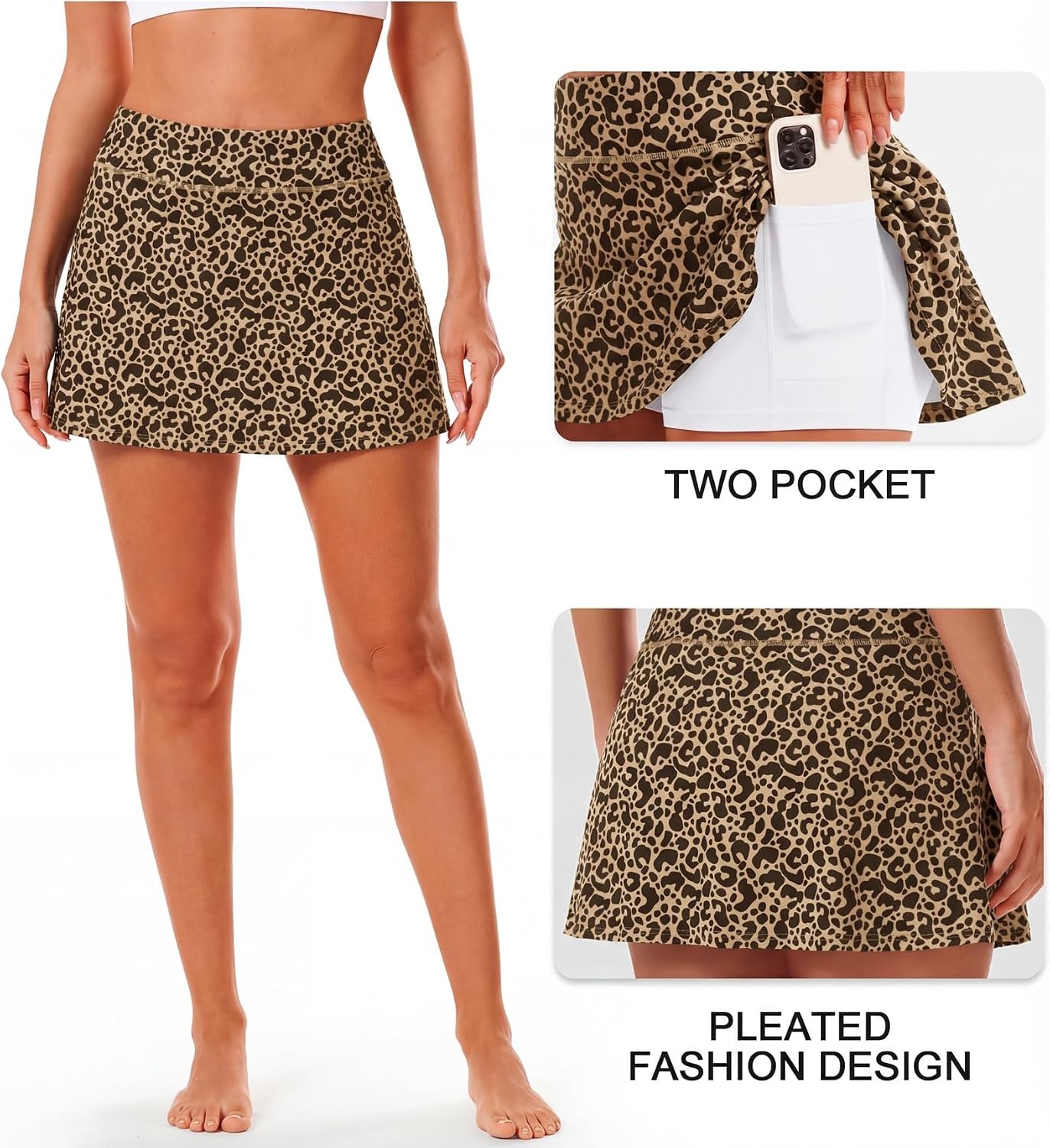 Stelle Women Tennis Skirt High Waisted Athletic Golf Skorts with Pockets | Tummy Control, Built-In Shorts, Deep Pockets, Pleated, Breathable, Lightweight, Tennis, Golf, Pickleball, Running, Workout(Cheetah)