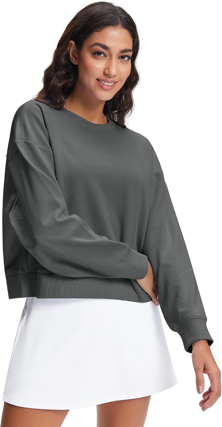 Stelle Cropped Sweatshirts for Women Cotton Long Sleeve Crop Tops Crewneck Pullover Oversized Sweater(Dark Grey)