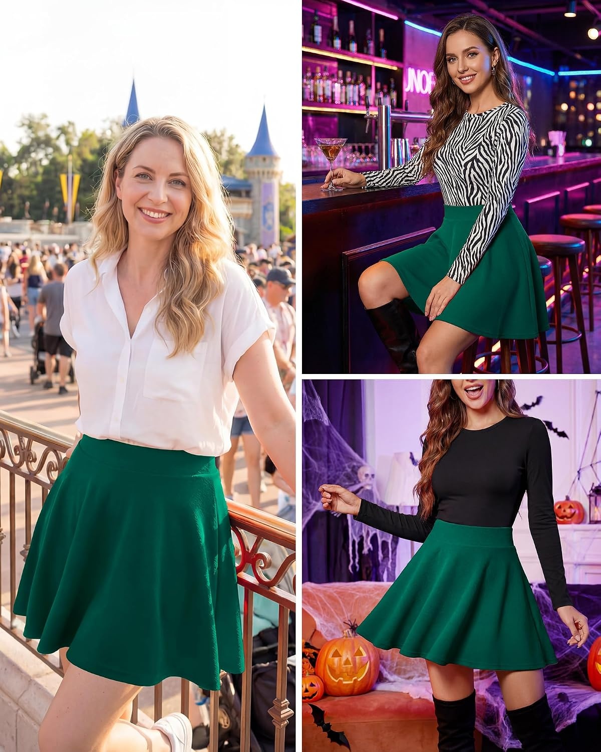 Stelle Women Casual Skater Skirts with Shorts Flared Mini Skorts | Underneath, Basic, Versatile, High-Waisted, Flared A-Line Silhouette, Soft, Stretchy, Pleated Skirt(Green)