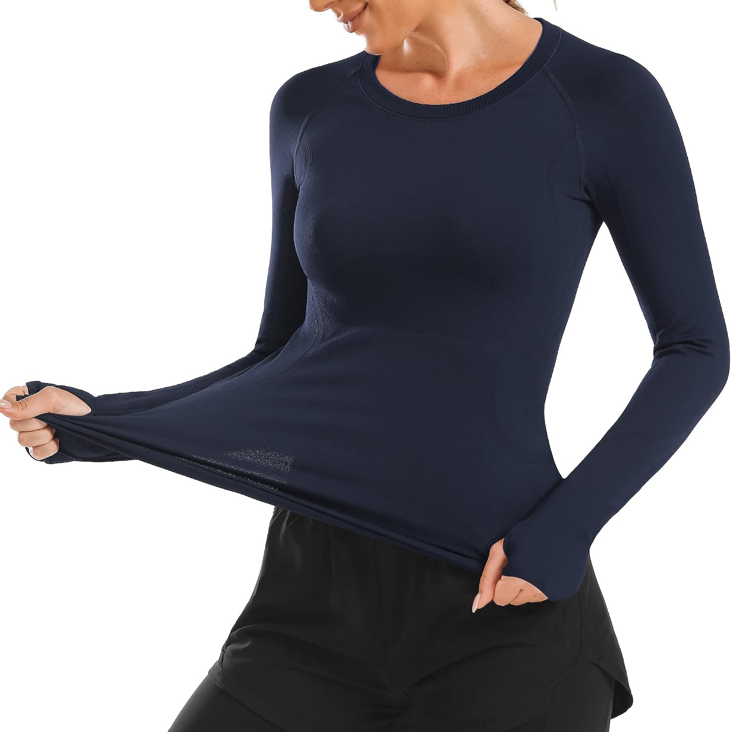 Stelle Womens Seamless Long Sleeve Workout Tops Compression Athletic Shirts | Seamless construction, Moisture-wicking fabric, Four-way stretch, Breathable, Soft, Thumbholes, Fitness, Active performance(Navy)