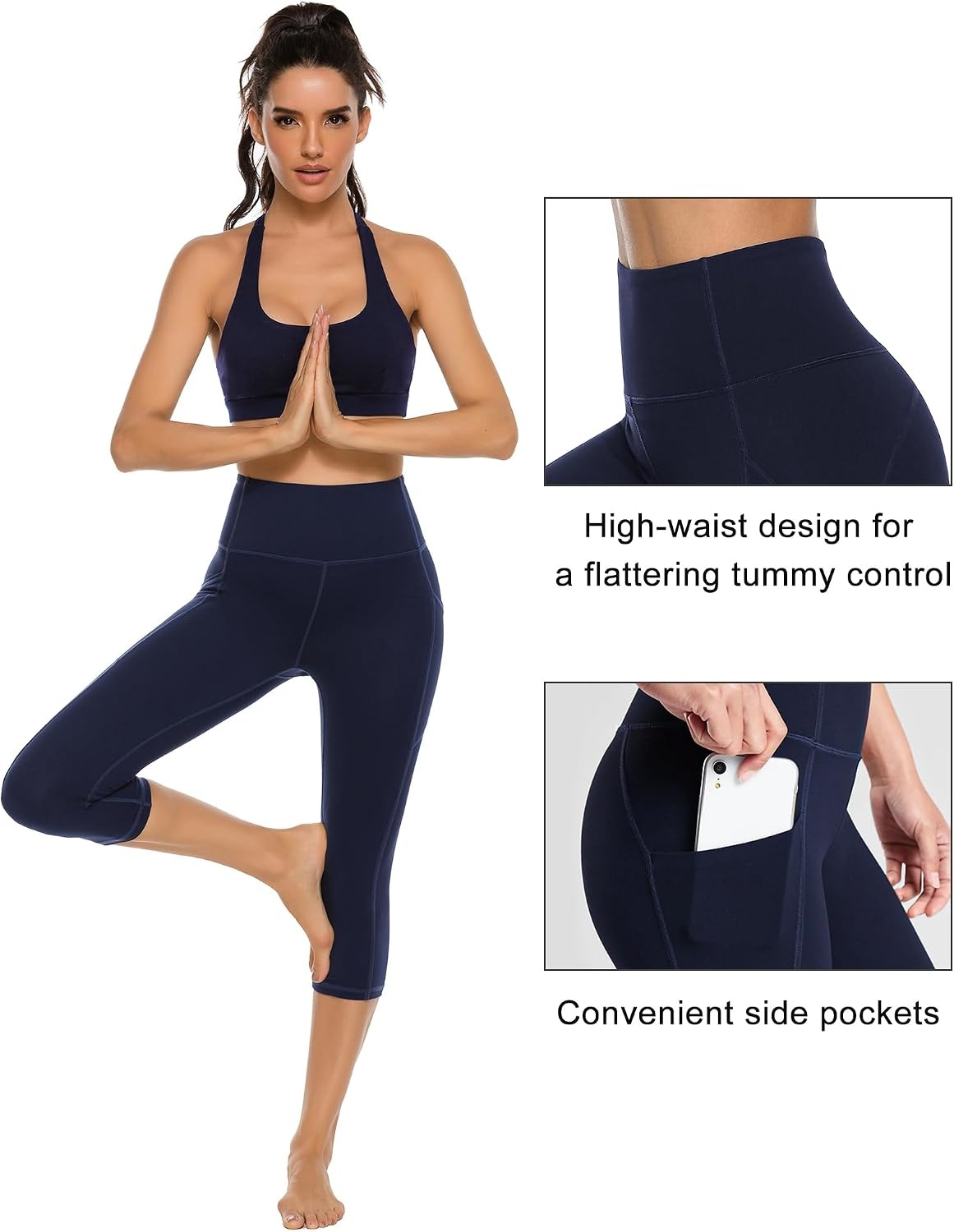 Stelle Capri Leggings for Women Yoga Pants with Pockets High Waisted Legging for Gym Workout(Cotton Like Softness-navy)