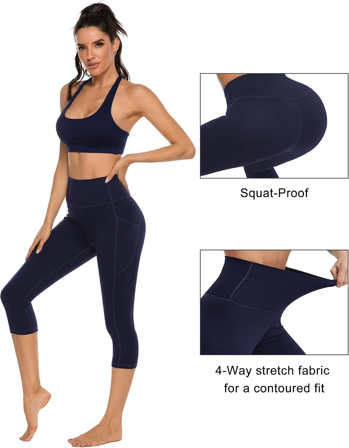 Stelle Capri Leggings for Women Yoga Pants with Pockets High Waisted Legging for Gym Workout(Cotton Like Softness-navy)