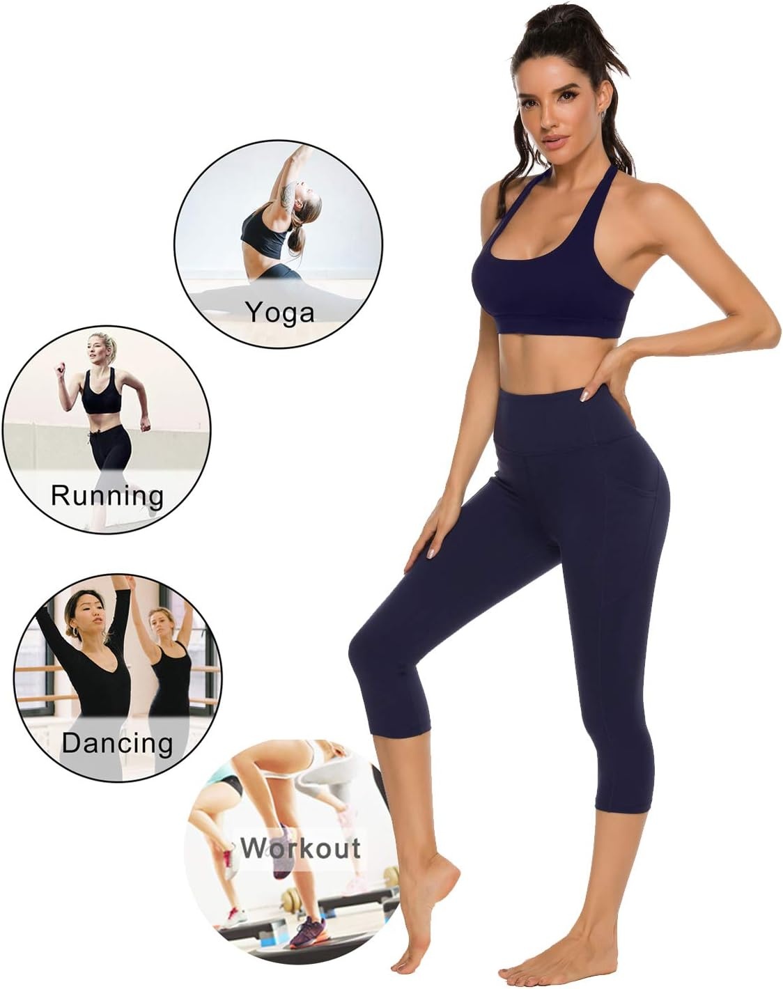 Stelle Capri Leggings for Women Yoga Pants with Pockets High Waisted Legging for Gym Workout(Cotton Like Softness-navy)
