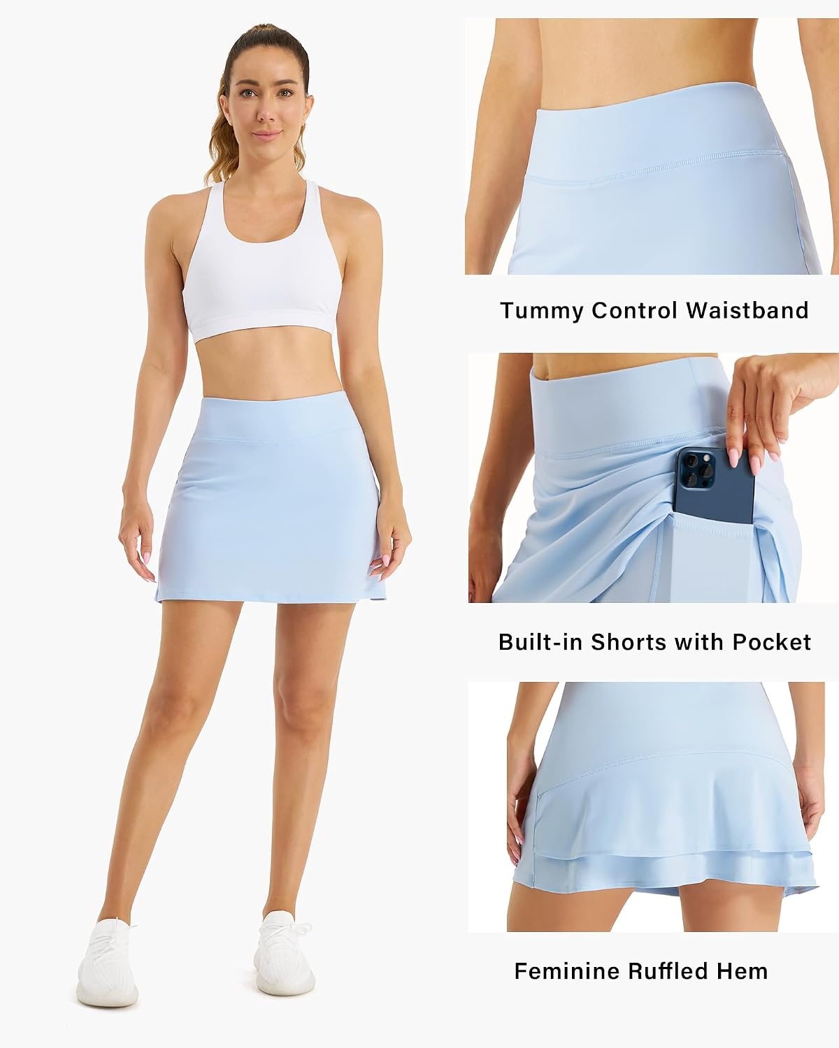 Stelle Women Tennis Skirt Athletic Skort High Waisted Golf Inner Shorts with Pockets Running Sports Pickleball(Light Blue)