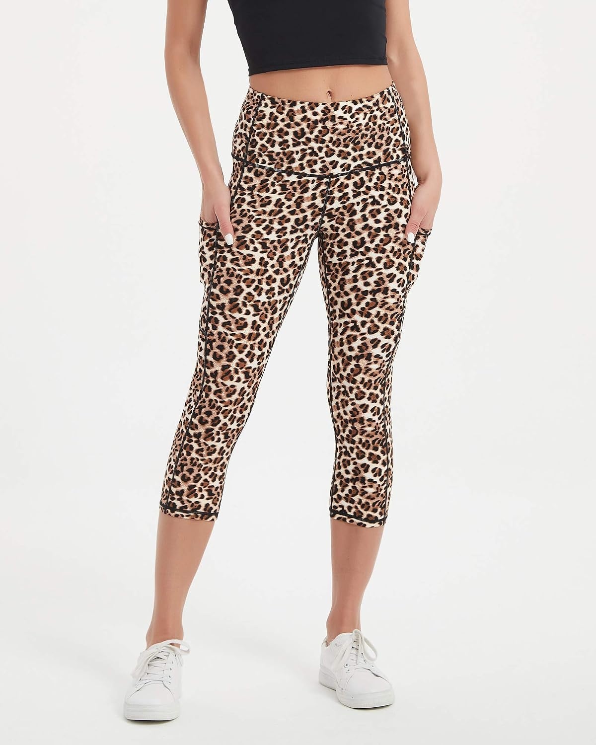 Stelle Women’s Capri Yoga Pants with Pockets Essential High Waisted Leggings for Workout(Nylon-leopard)