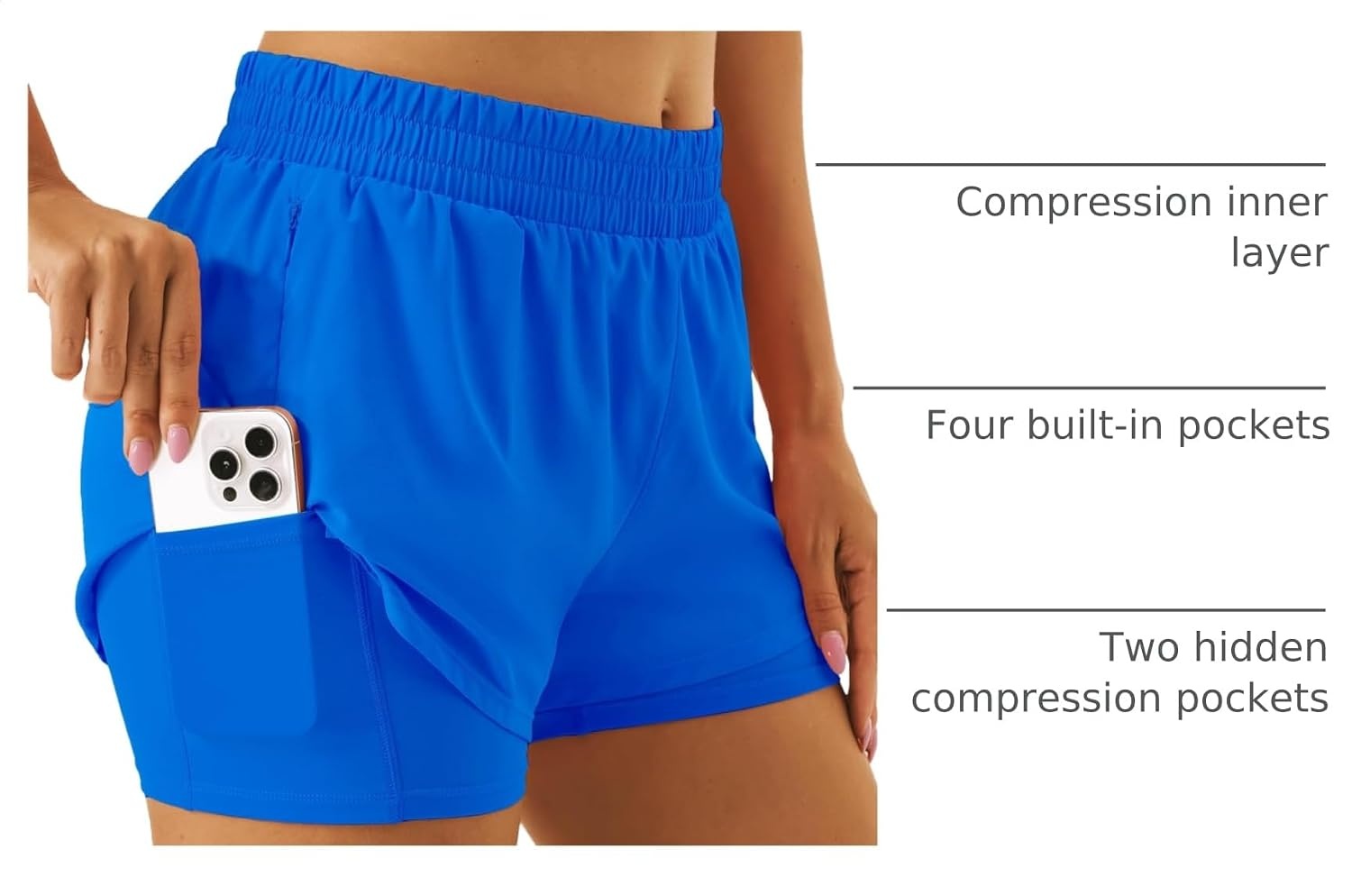Stelle Women’s 2 in 1 Running Shorts Gym Athletic Shorts with Zip Pockets | High Waisted, 2 in 1 Athletic Shorts, Supportive Liner, Built-In Pockets, Running, Workout, Gym Training(Sapphire)