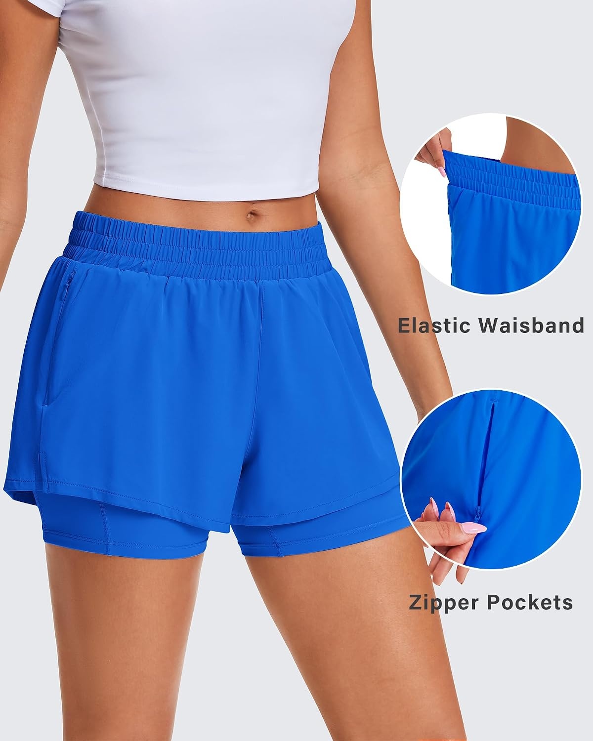 Stelle Women’s 2 in 1 Running Shorts Gym Athletic Shorts with Zip Pockets | High Waisted, 2 in 1 Athletic Shorts, Supportive Liner, Built-In Pockets, Running, Workout, Gym Training(Sapphire)