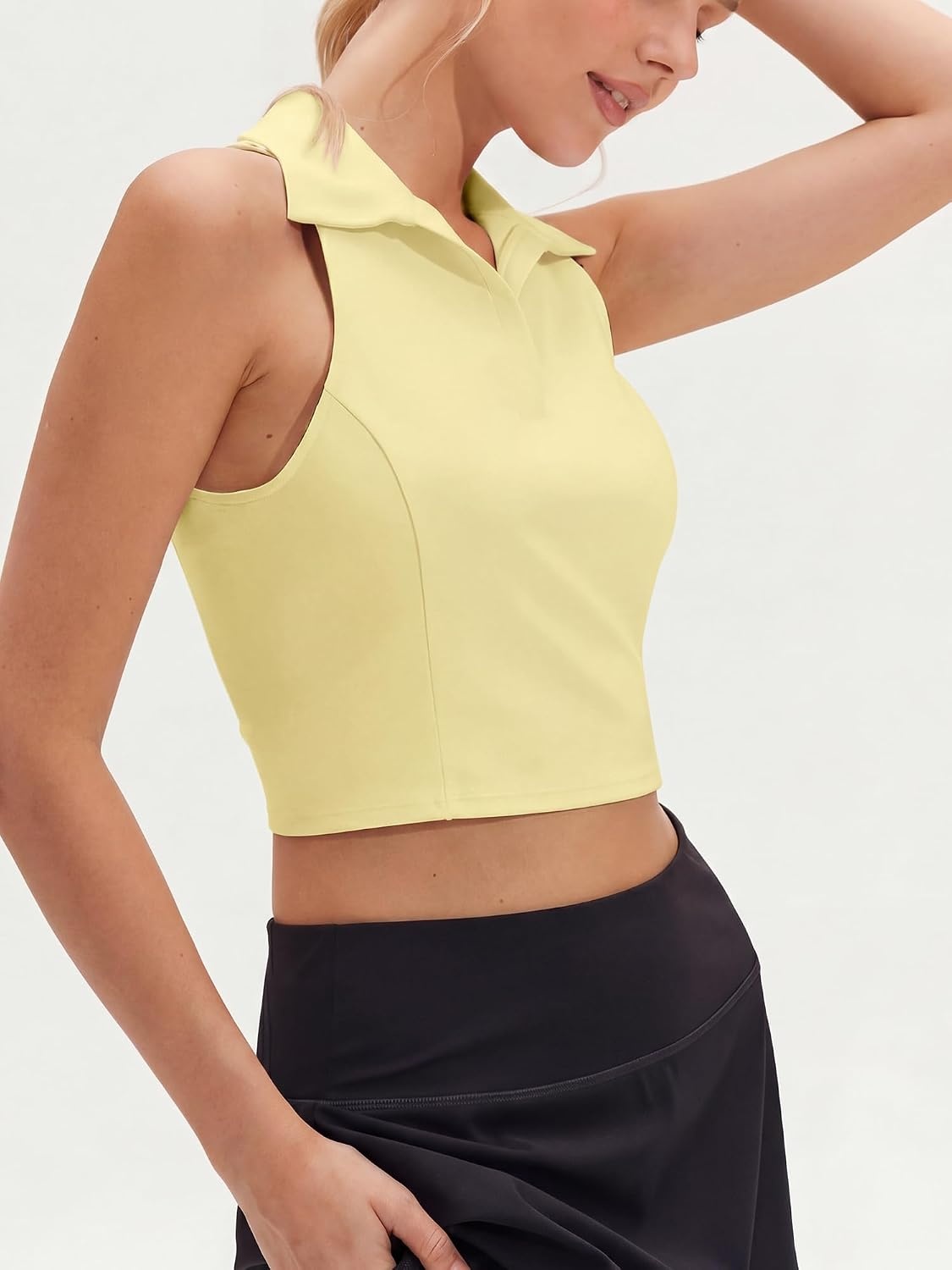 Stelle Women’s Sleeveless Golf Polo Shirt UPF50+ V Neck Collared Tennis Quick Dry Athletic Workout Cropped Tank Top(Lemon Butter)