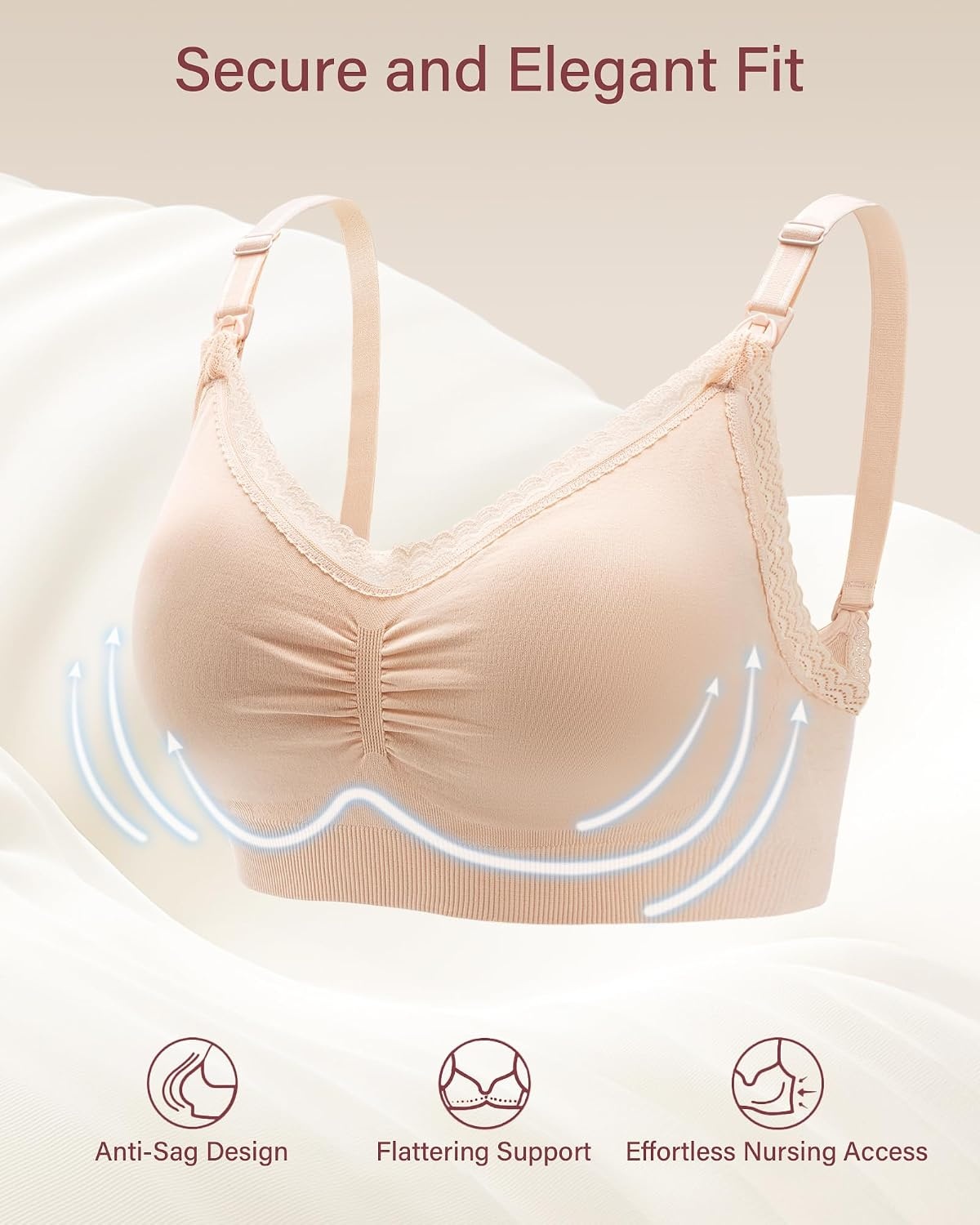 Stelle Lace Nursing Bras for Breastfeeding Seamless Pregnancy Maternity Wireless Bralette with Pads, Extenders(Gray+beige)
