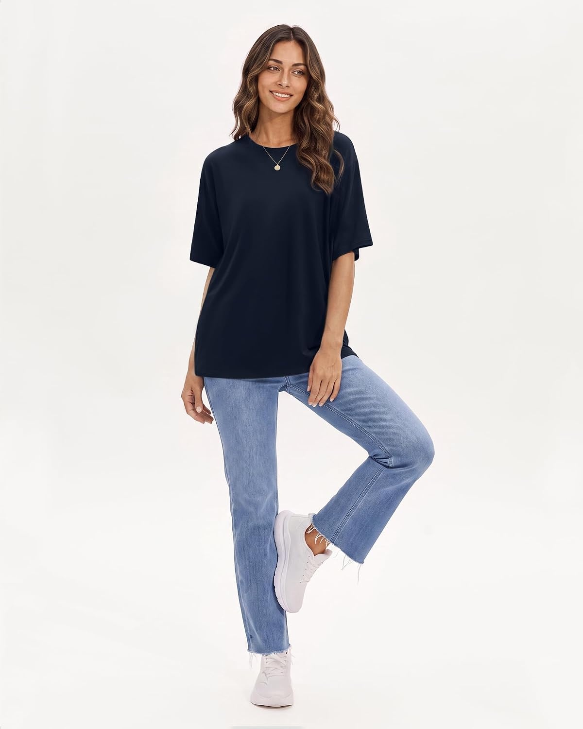 Stelle Womens Oversized Tee Shirts Loose Fit Buttery Soft Tshirt Casual Top(Navy)