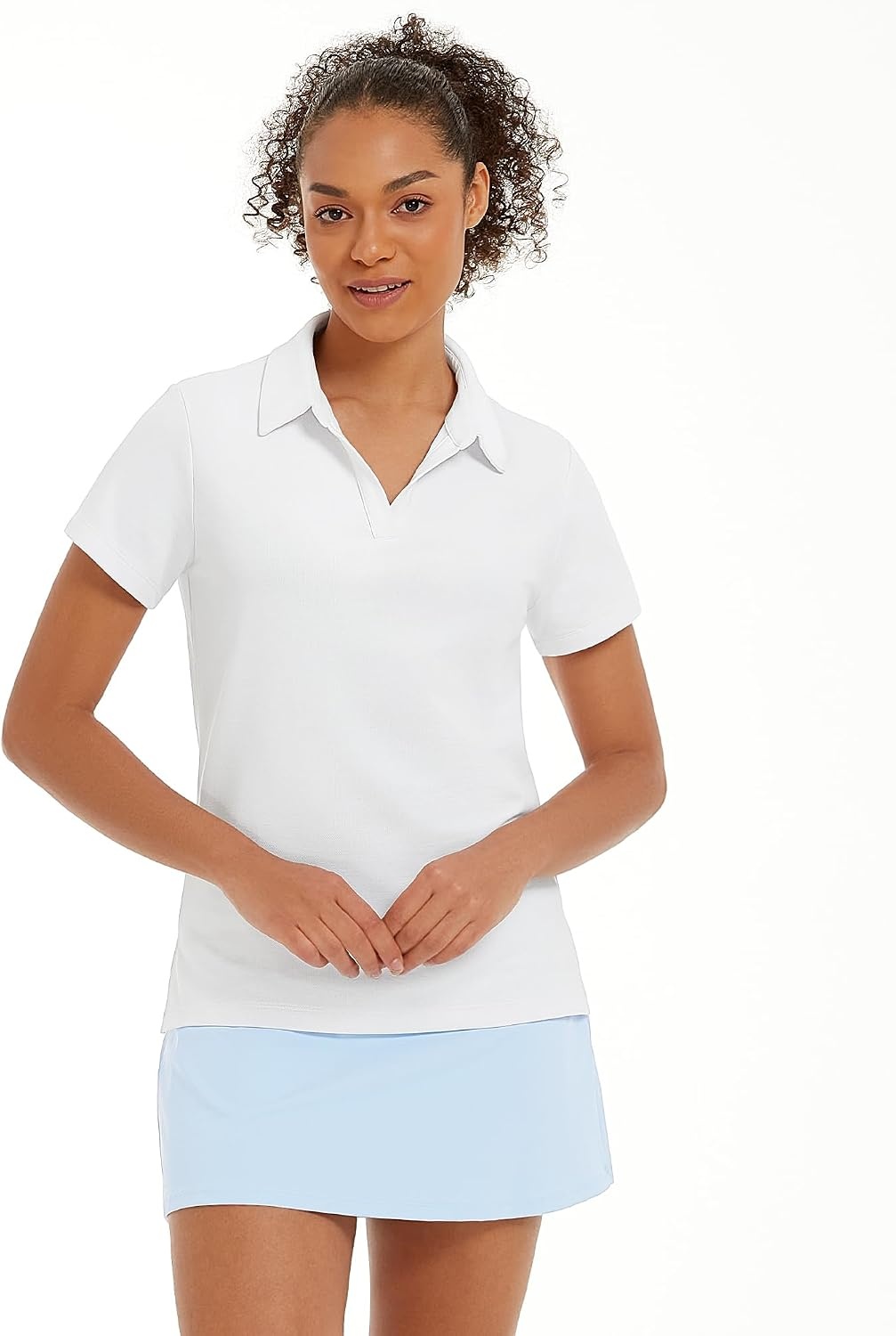 Stelle Women Golf Polo Shirts Tennis Shirt Short Sleeve V Neck Quick-Drying Collared Top(White)