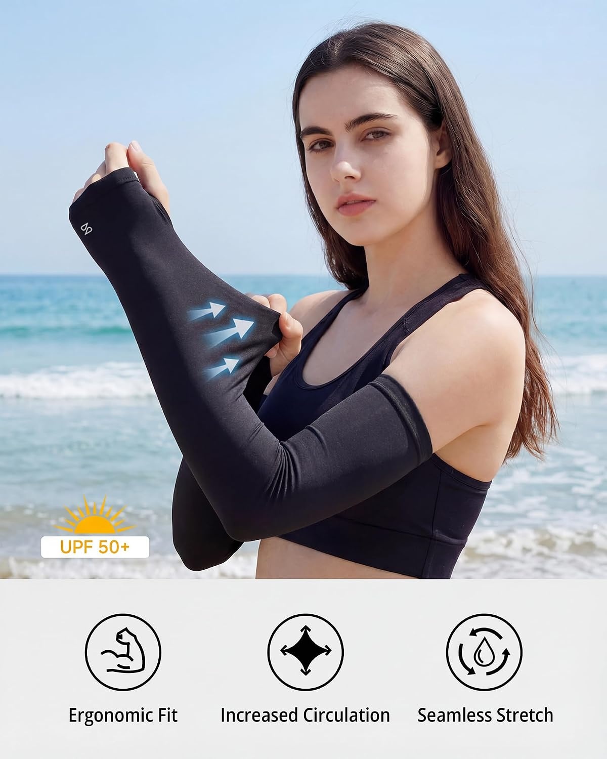 Stelle Sun Protection Cooling Arm Sleeves with Thumb Holes Golf Sport UV Arm Covers Gardening Outdoor(Black)