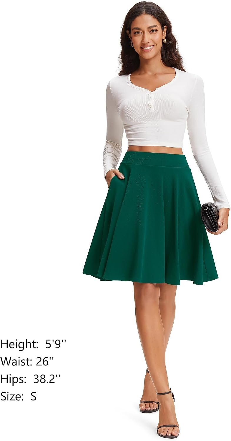 STELLE Women’s 21″ Knee Length Skirts with Pockets Casual Basic Midi Skirt Stretchy High Waisted Skater Flared Pleated(Green)