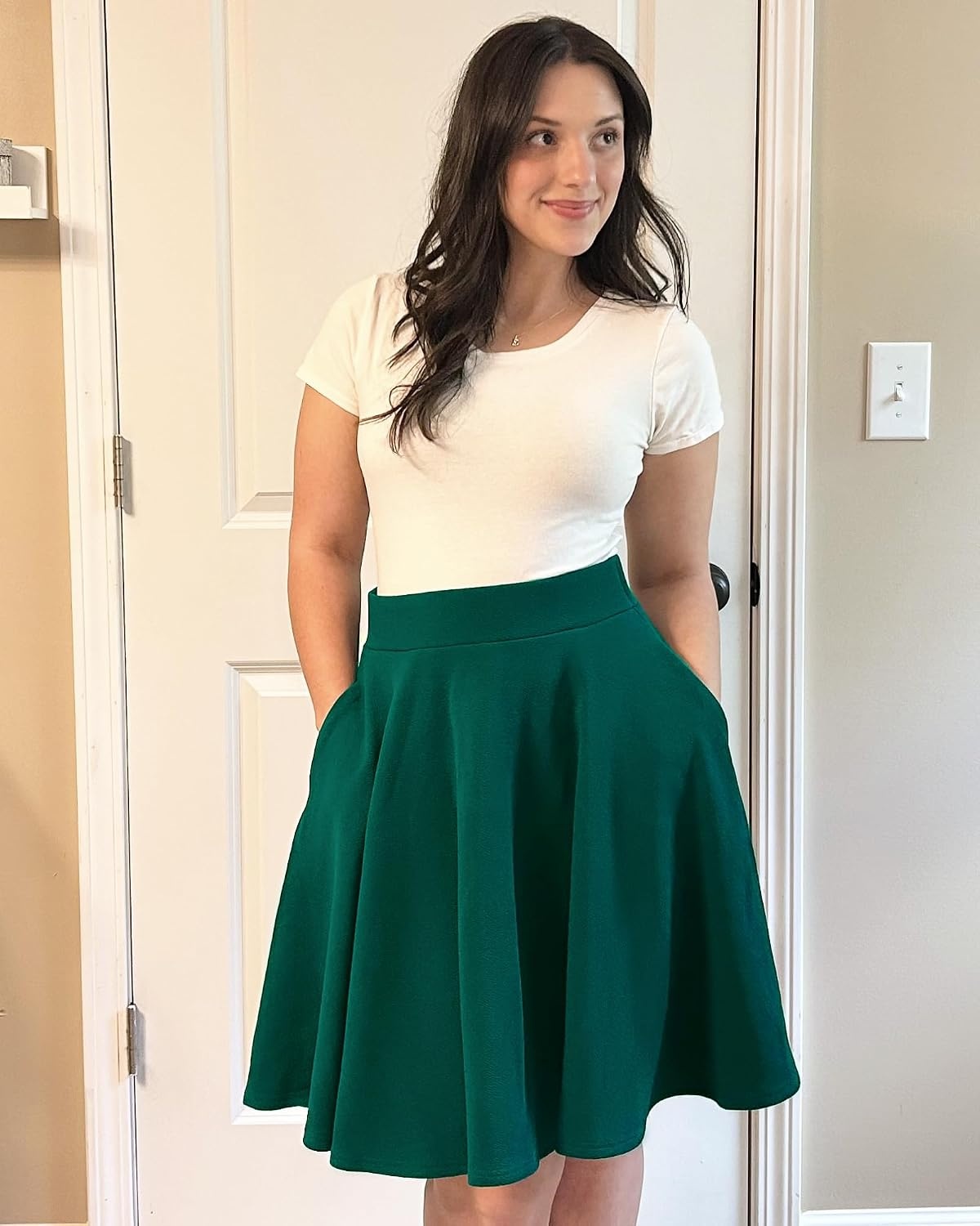 STELLE Women’s 21″ Knee Length Skirts with Pockets Casual Basic Midi Skirt Stretchy High Waisted Skater Flared Pleated(Green)