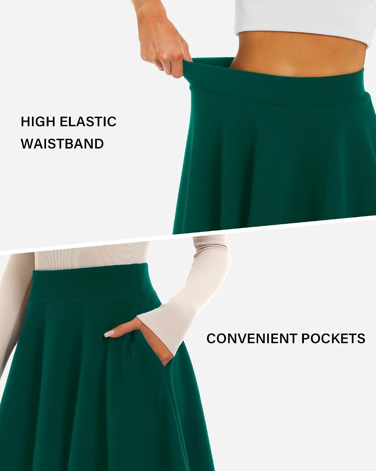 STELLE Women’s 21″ Knee Length Skirts with Pockets Casual Basic Midi Skirt Stretchy High Waisted Skater Flared Pleated(Green)