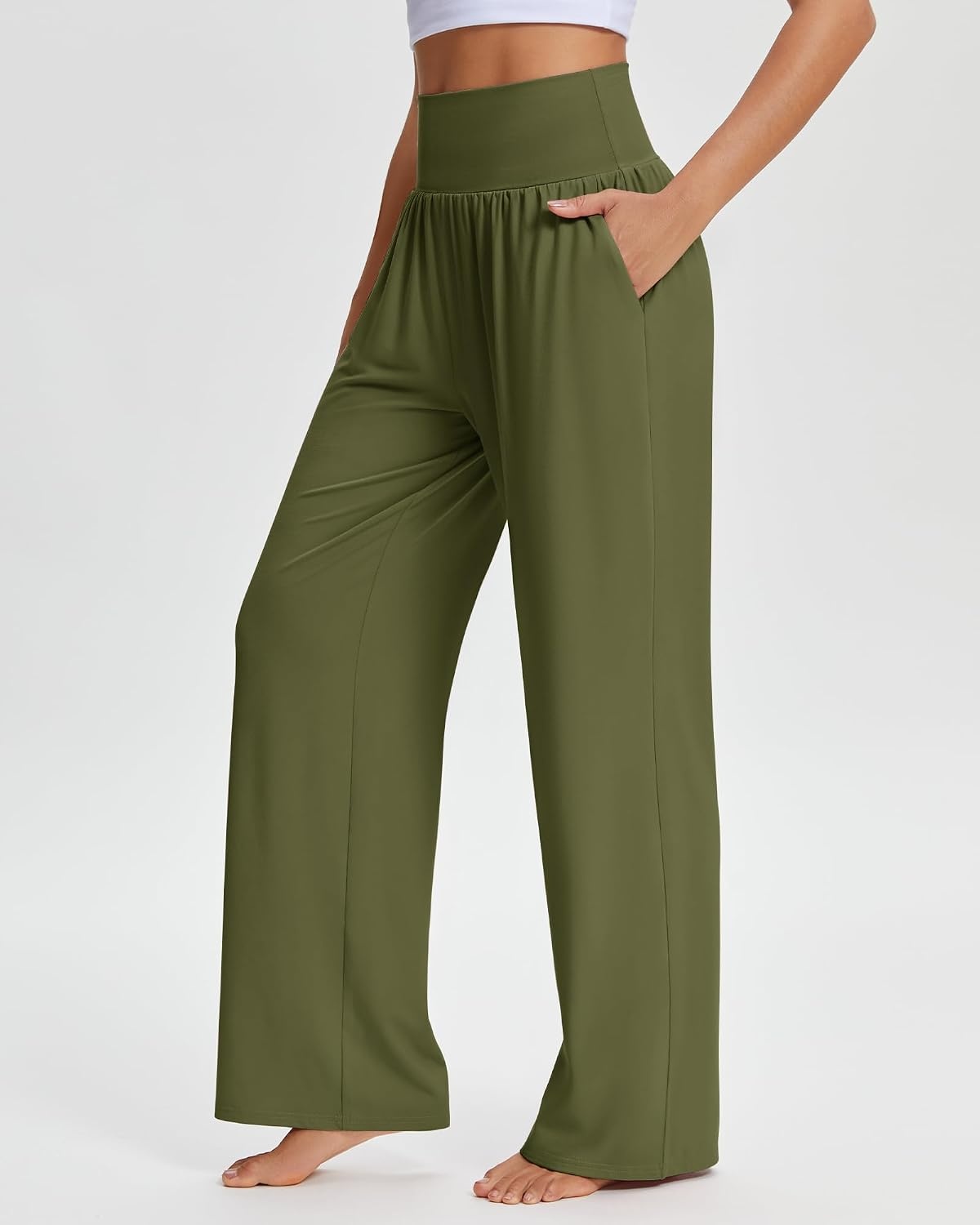 Stelle Women’s Wide Leg Lounge Pants Soft Stretch Casual Travel Wear(Olive Green)