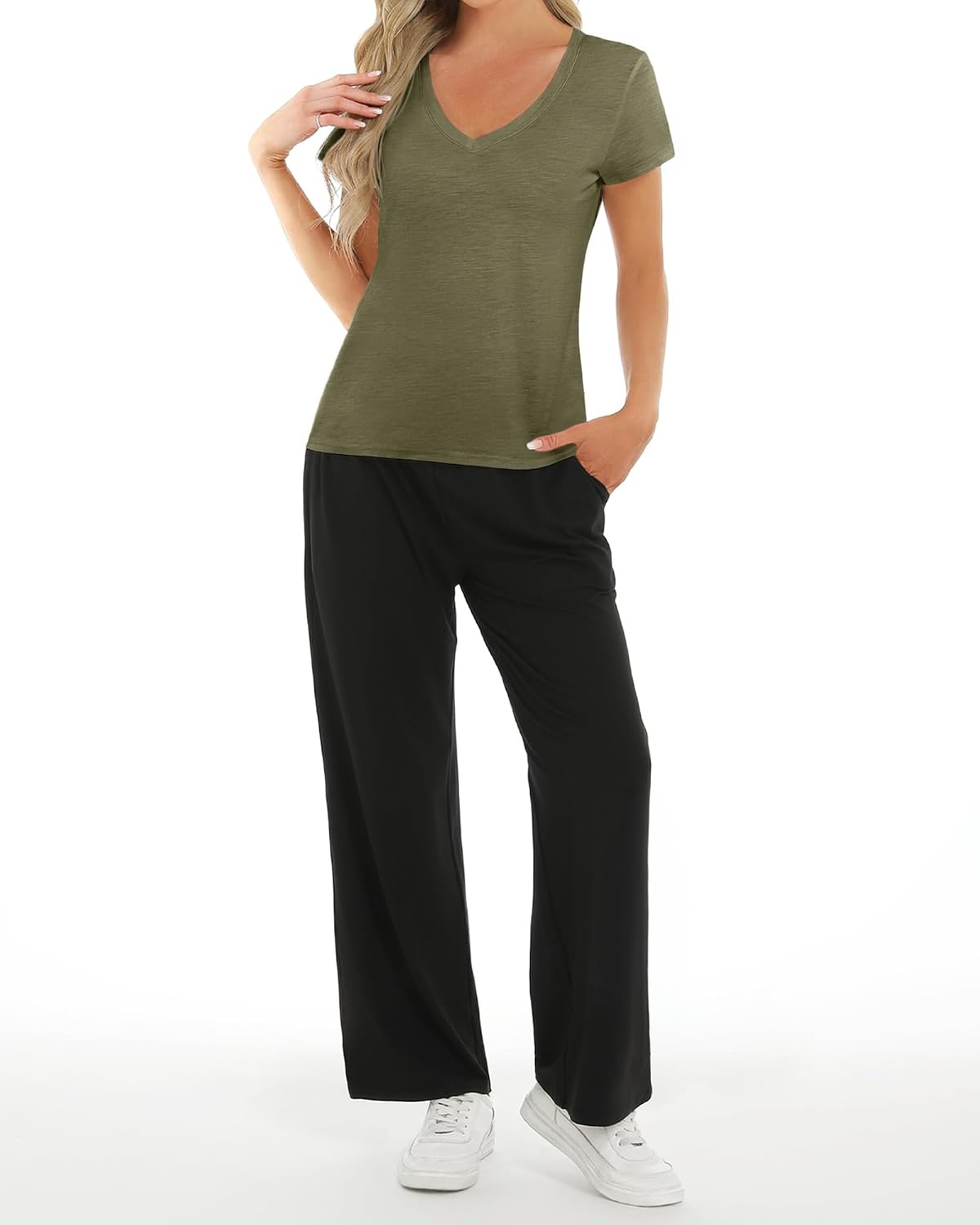 Stelle Womens Modal Soft T Shirts Short Sleeve V Neck Basic Tee | Breathable fabric, Loose Fit, Lightweight, Layering essential, Streetwear, Summer Outfits(Olive Green)