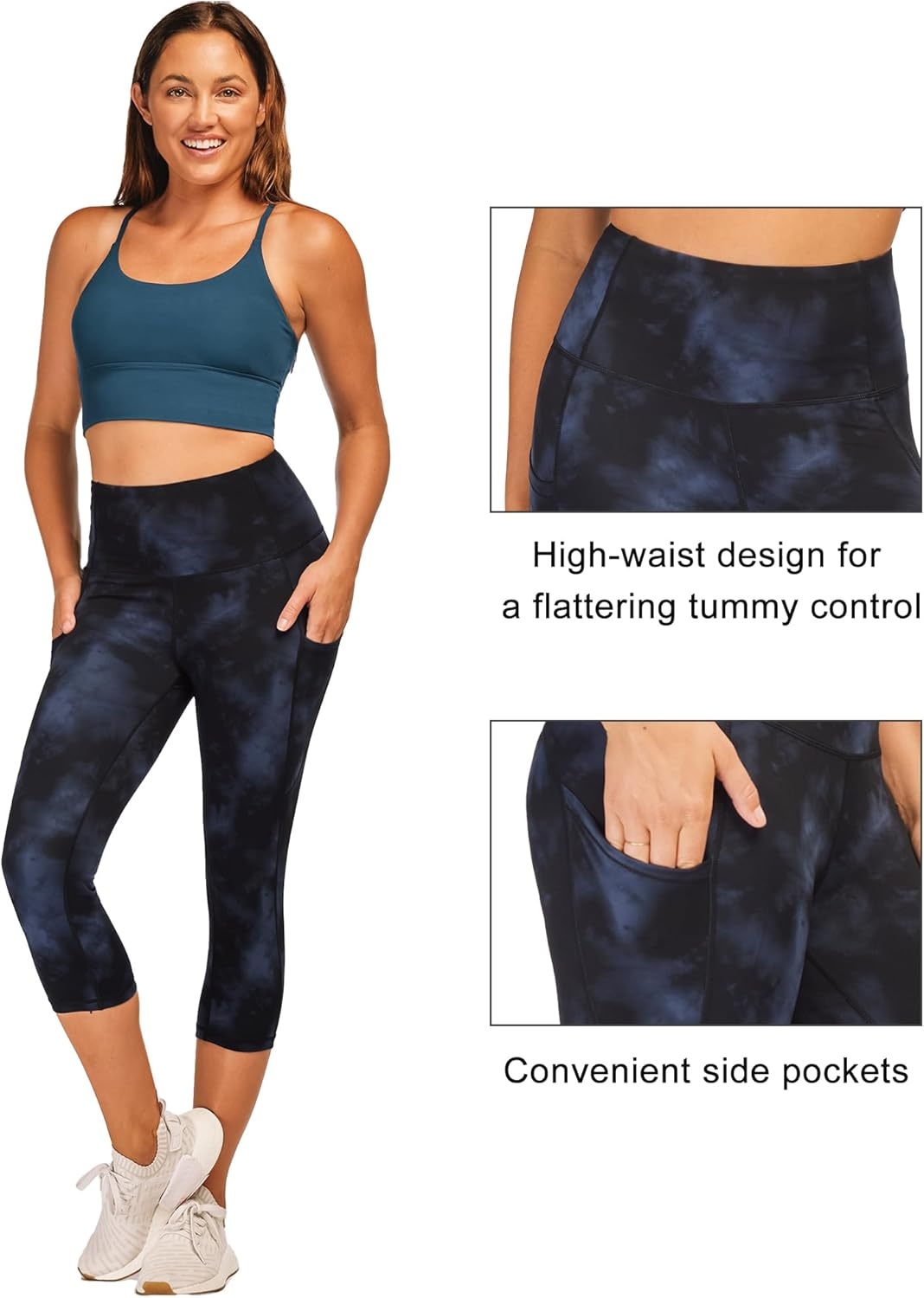 Stelle Capri Leggings for Women Yoga Pants with Pockets High Waisted Legging for Gym Workout(Nylon-cloud Dye Blue)