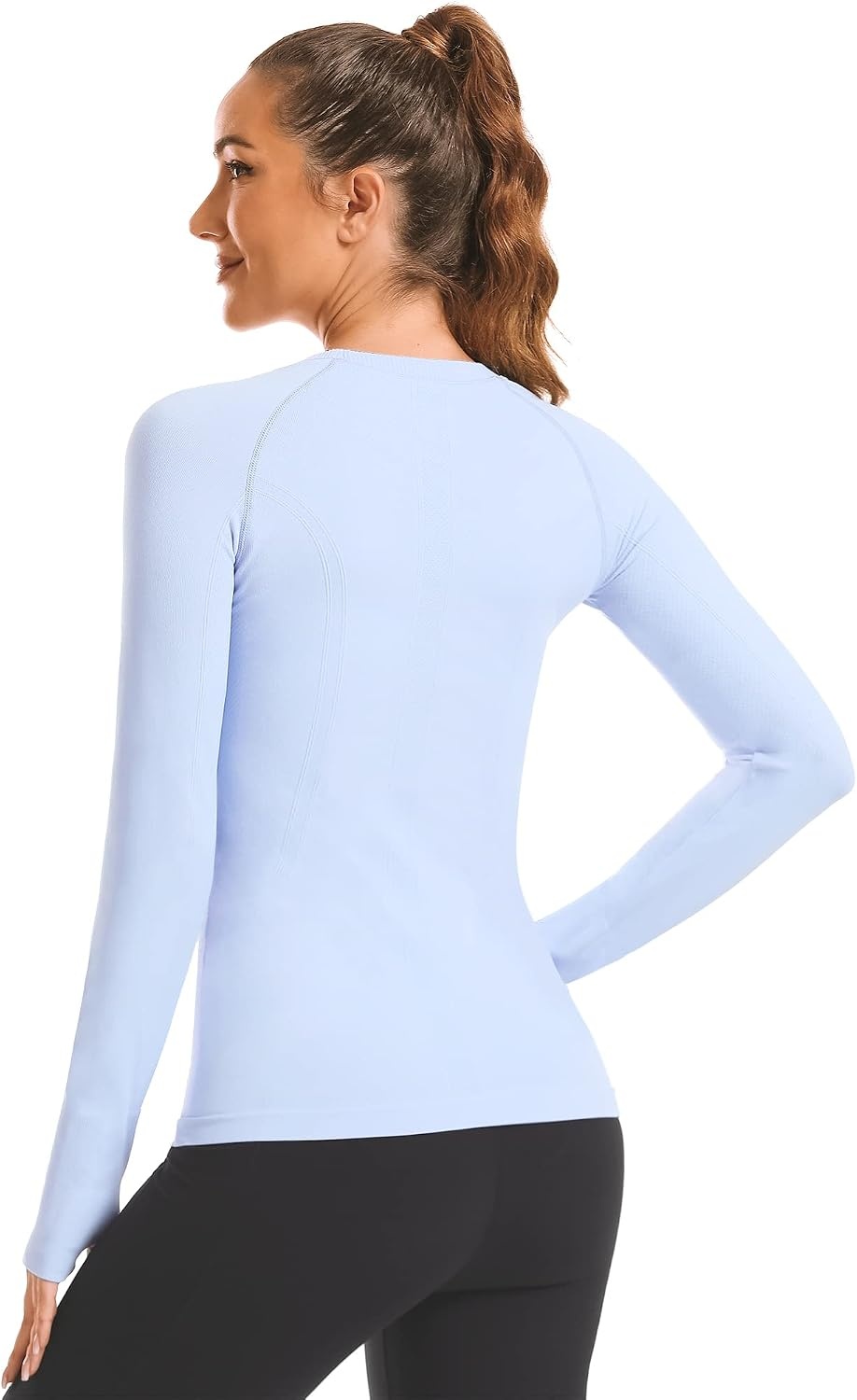 Stelle Women Workout Tops Long Sleeve Seamless Compression Athletic Shirts Yoga Gym Sports Breathable Tees(Blue)