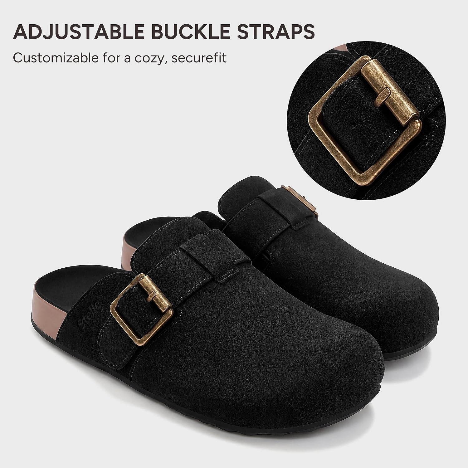 Stelle Suede Clogs for Women Men Potato Shoes with Arch Support Leather Cork Footbed Mules Slip on Home Slippers(Black-leather)