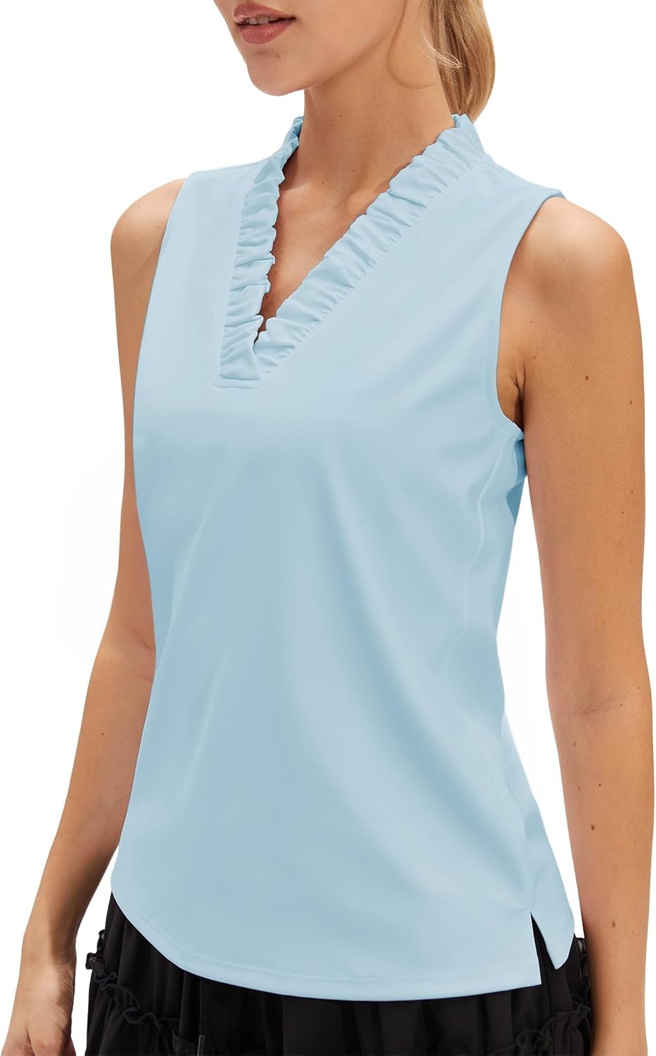 Stelle Womens Wrinkle Resist Golf Shirts UPF 50+ Sleeveless Ruffle V-Neck Tank Top Tennis Athletic Workout Top(Light Blue)