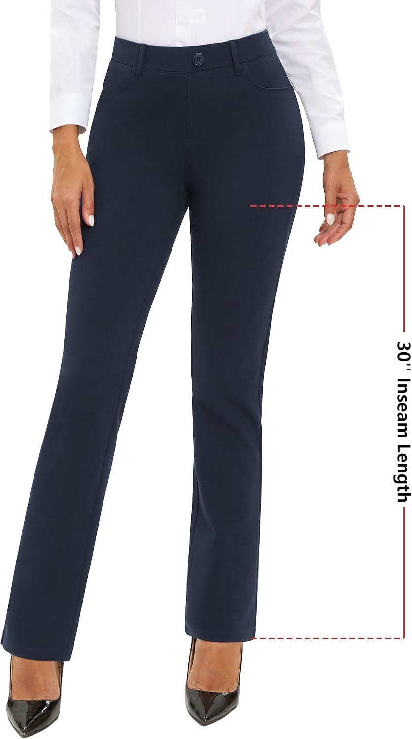 Stelle Women Dress Pants Business Casual Straight Leg 30″ Stretch Work Pants Pull On Regular Slacks with 4 Pockets(Navy)