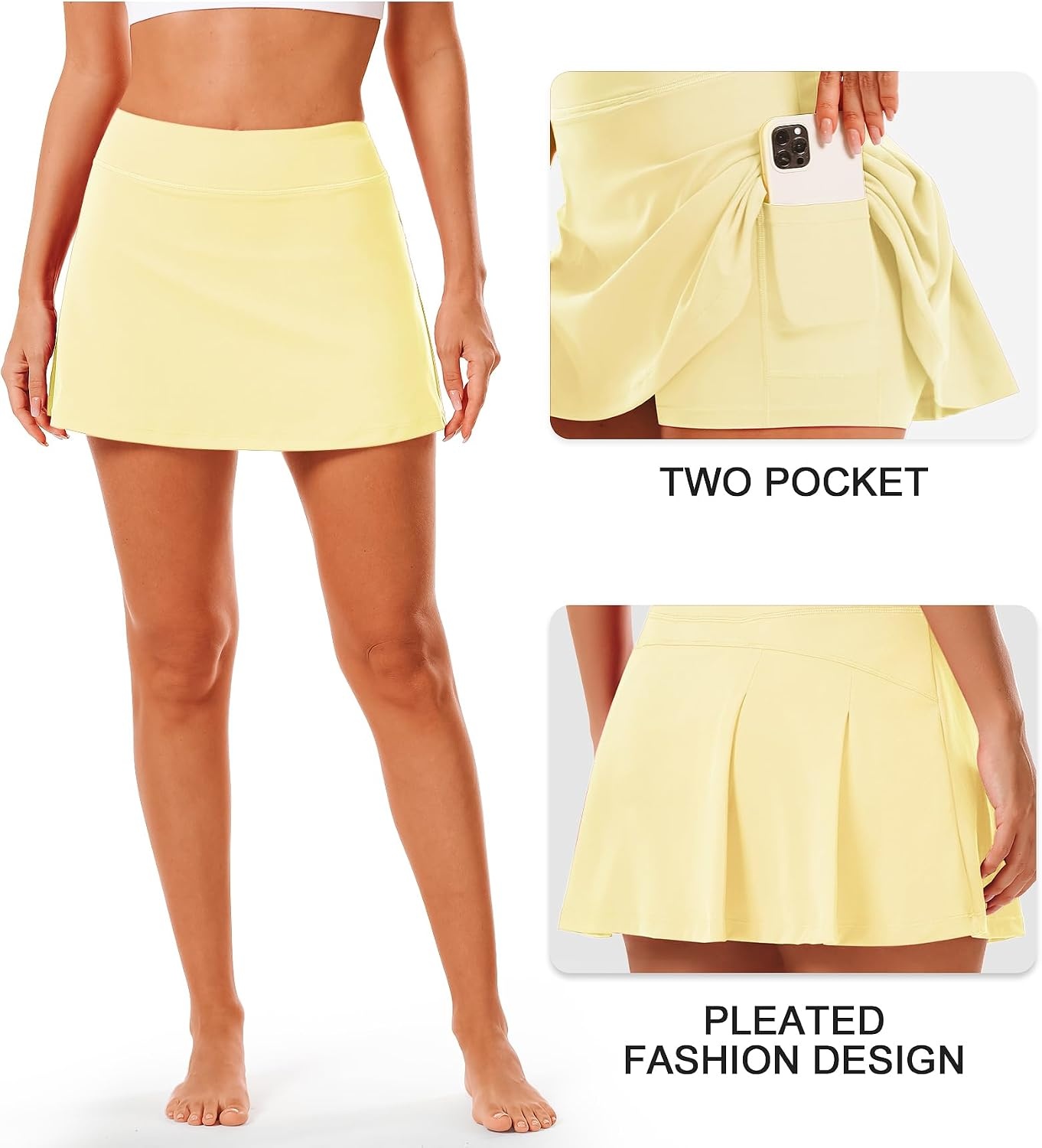 Stelle Women Tennis Skirt High Waisted Athletic Golf Skorts with Pockets | Tummy Control, Built-In Shorts, Deep Pockets, Pleated, Breathable, Lightweight, Tennis, Golf, Pickleball, Running, Workout(Lemon Butter)