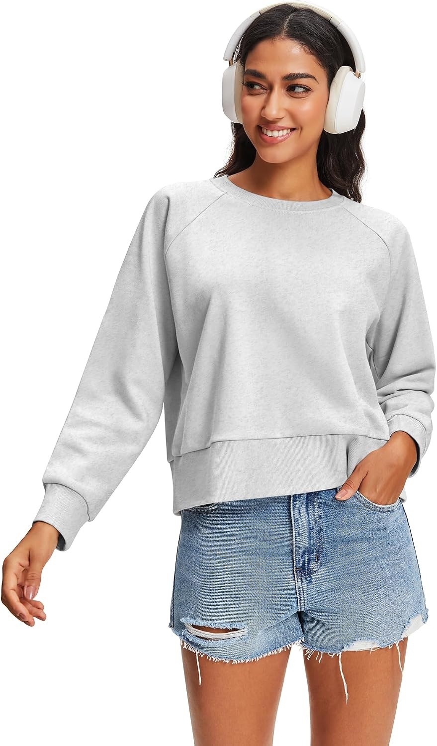 Stelle Women’s Raglan Crewneck Sweatshirt Relaxed Fit Casual Everyday(Ultra Light Grey)