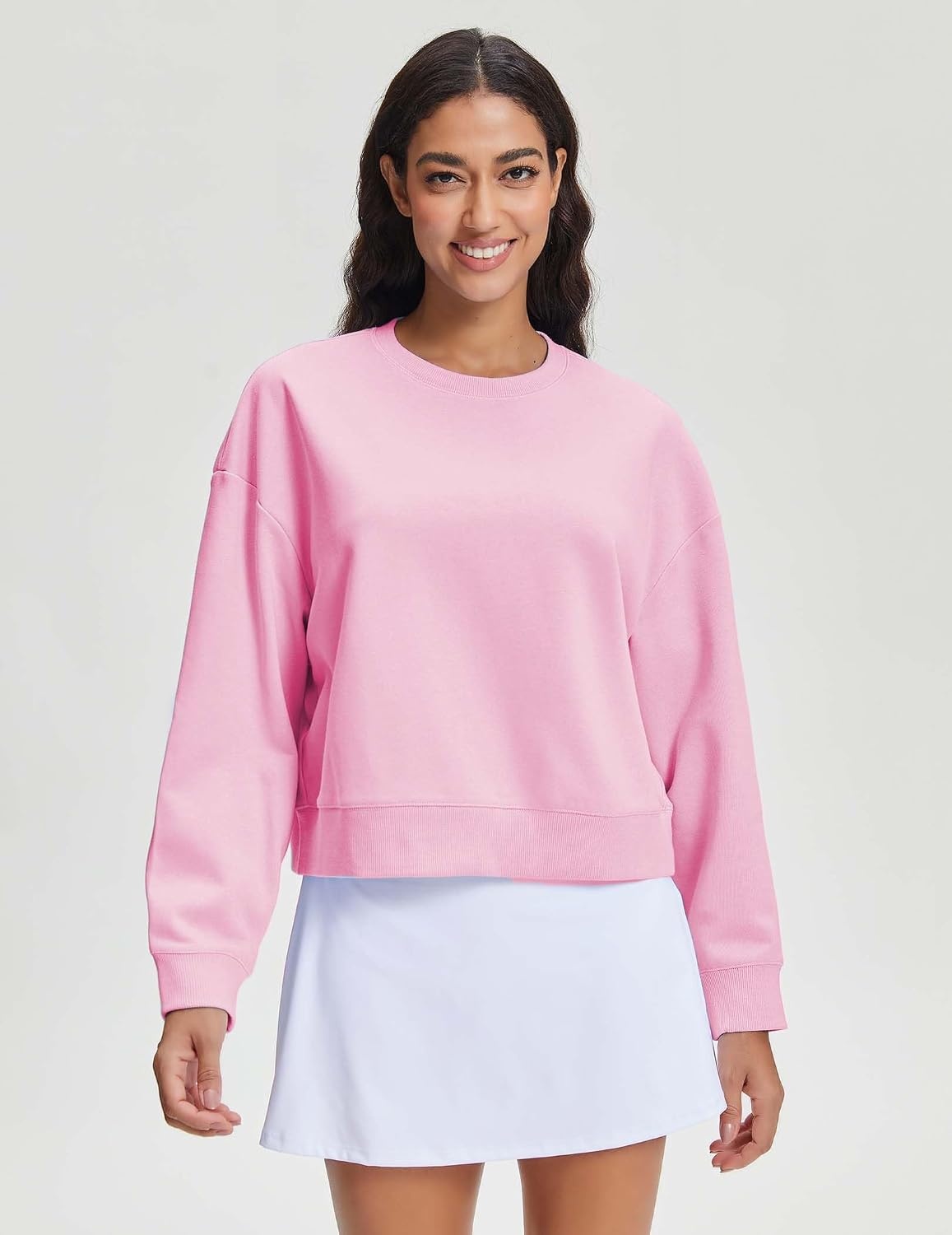 Stelle Cropped Sweatshirts for Women Cotton Long Sleeve Crop Tops Crewneck Pullover Oversized Sweater(Bubblegum)