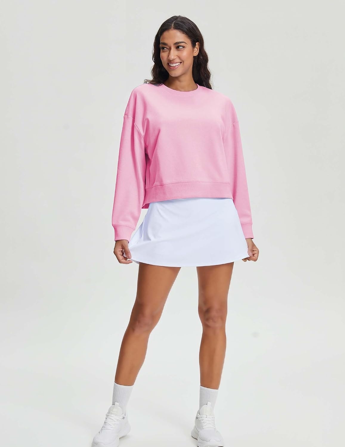 Stelle Cropped Sweatshirts for Women Cotton Long Sleeve Crop Tops Crewneck Pullover Oversized Sweater(Bubblegum)