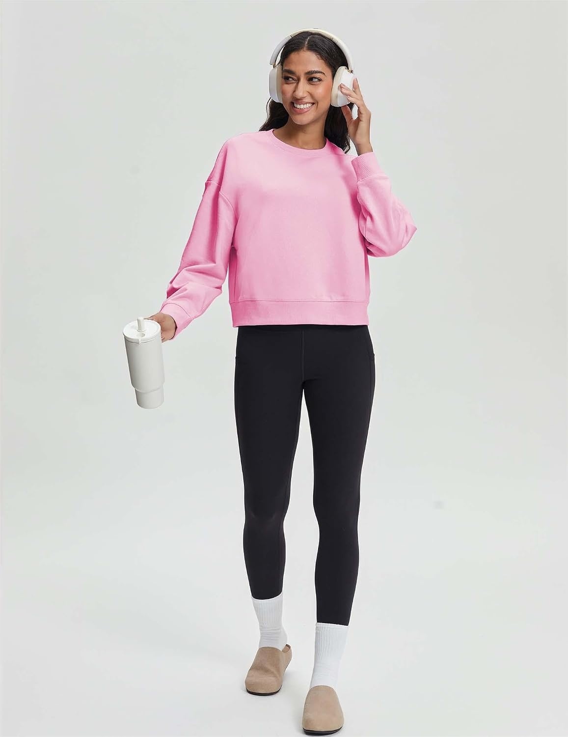Stelle Cropped Sweatshirts for Women Cotton Long Sleeve Crop Tops Crewneck Pullover Oversized Sweater(Bubblegum)