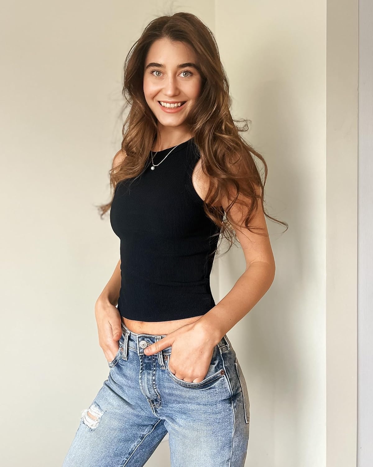 Stelle Ribbed Tank Tops for Women High Neck Sleeveless Cami Stretch Slim Top Casual Workout Basic Tshirt(Black)