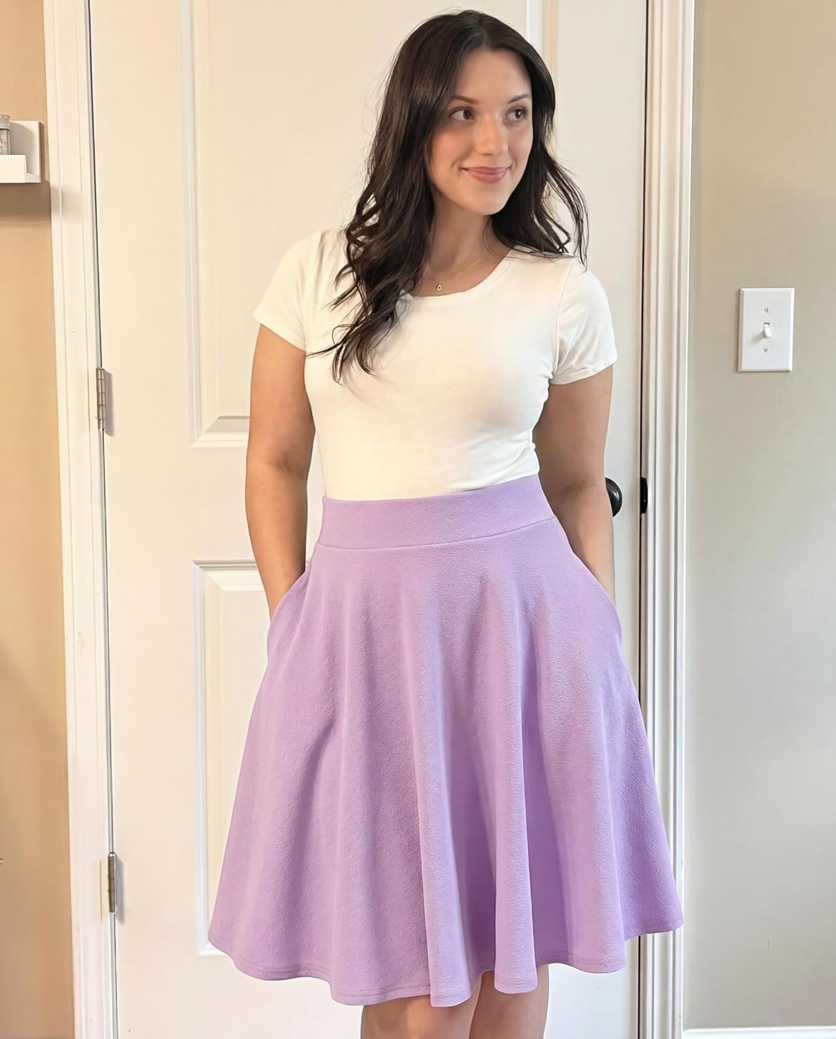STELLE Women’s 21″ Knee Length Skirts with Pockets Casual Basic Midi Skirt Stretchy High Waisted Skater Flared Pleated(Lilac)