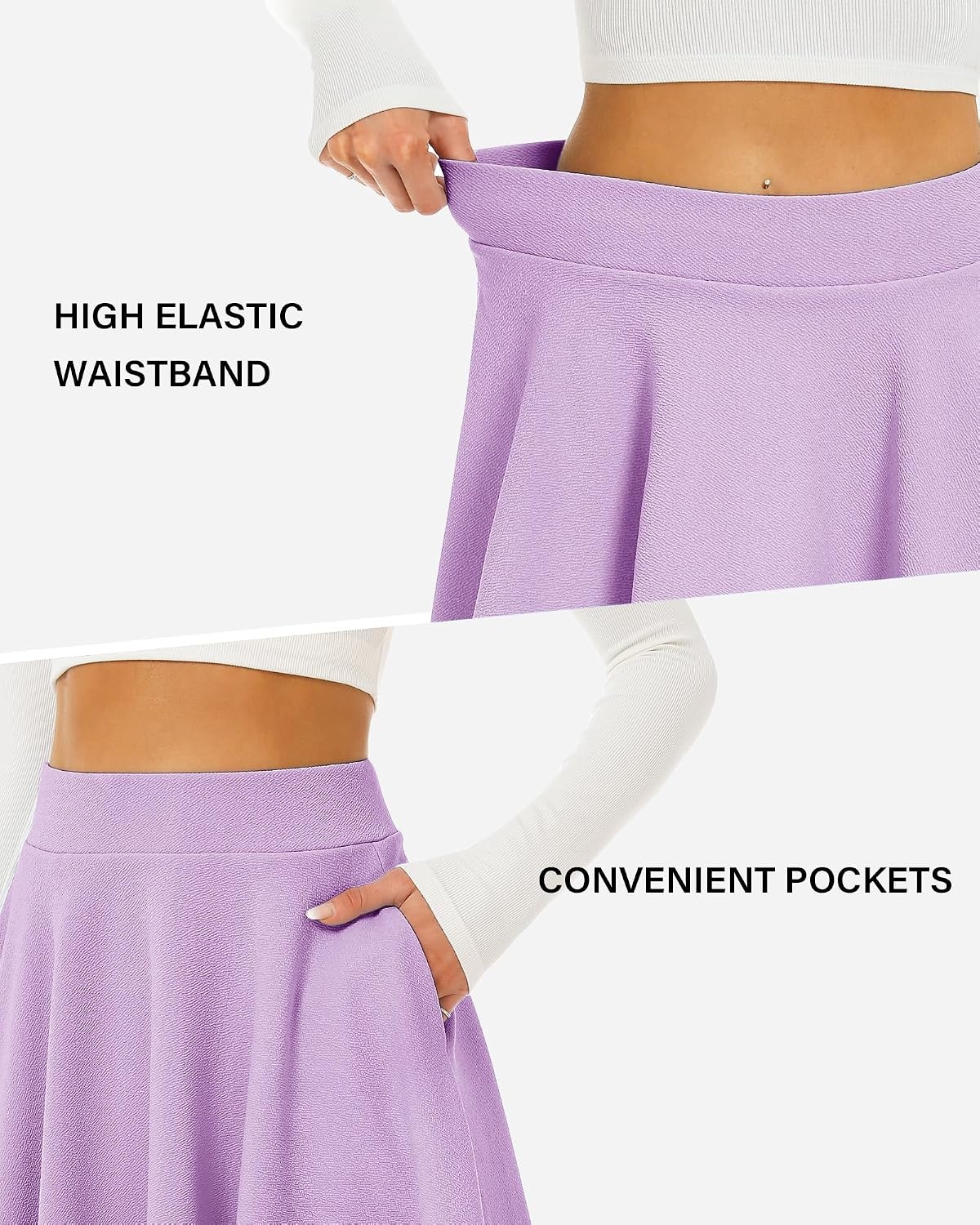 STELLE Women’s 21″ Knee Length Skirts with Pockets Casual Basic Midi Skirt Stretchy High Waisted Skater Flared Pleated(Lilac)
